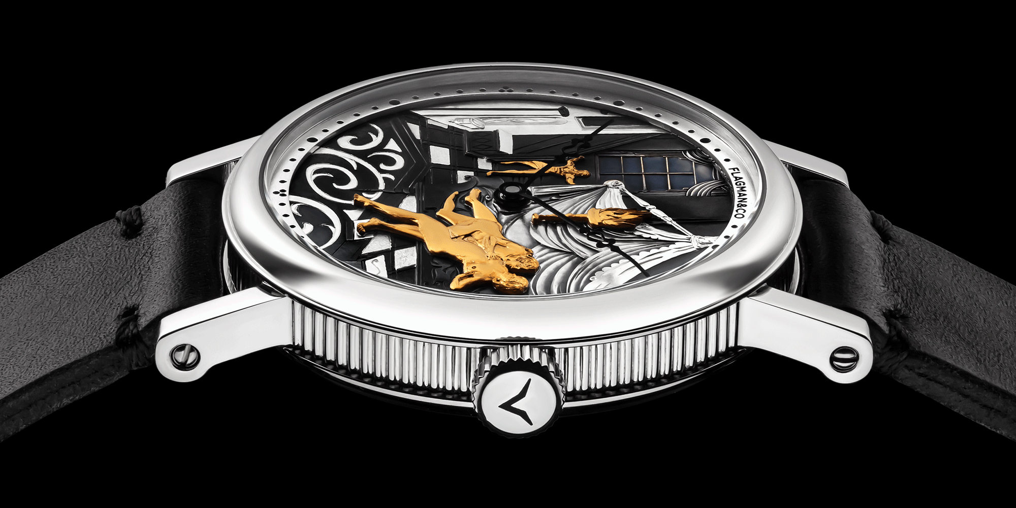 Handmade watch with intricate design on a black background