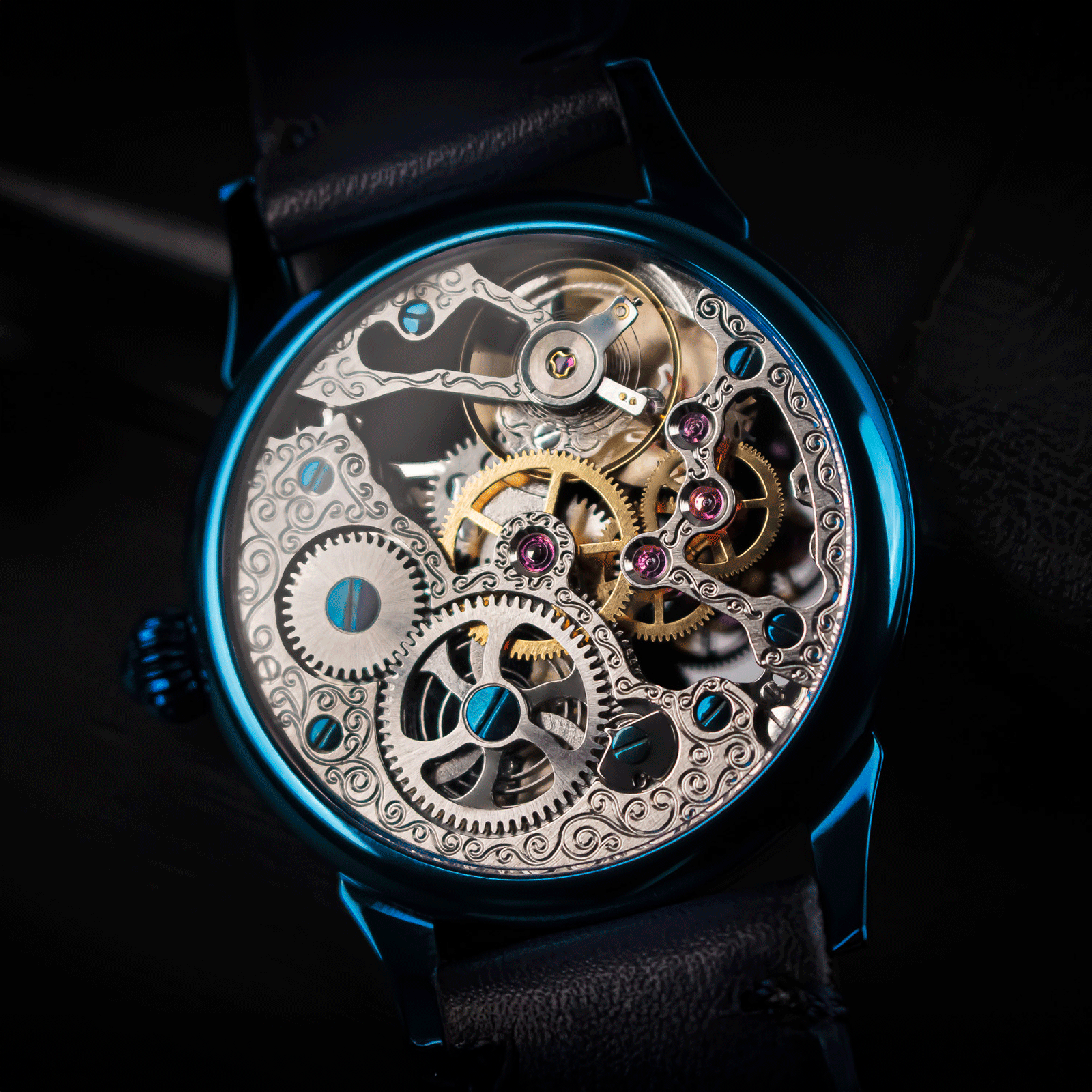 Skeleton Mechanical watch with intricate gears on a dark background