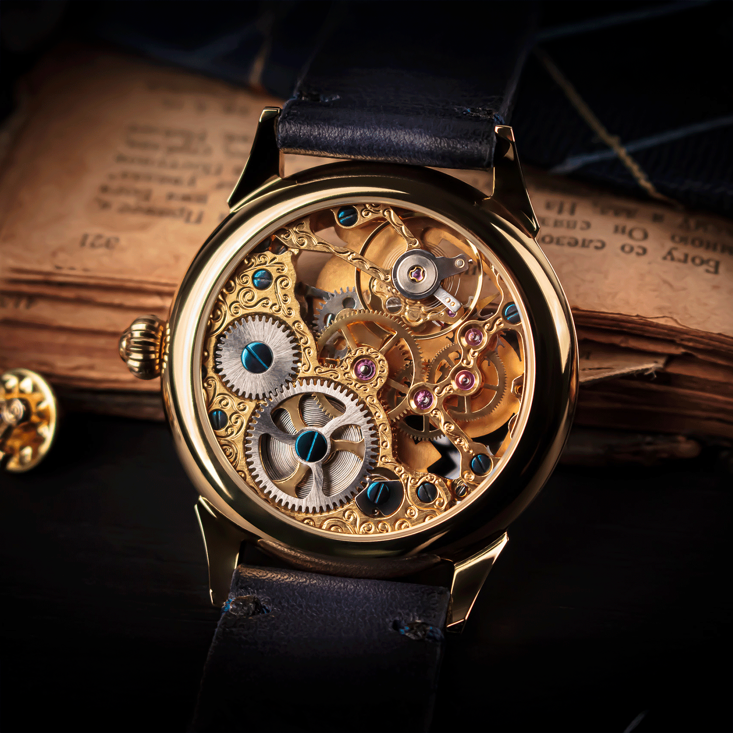 Rear view of Bible showing skeleton caseback and manual winding movement