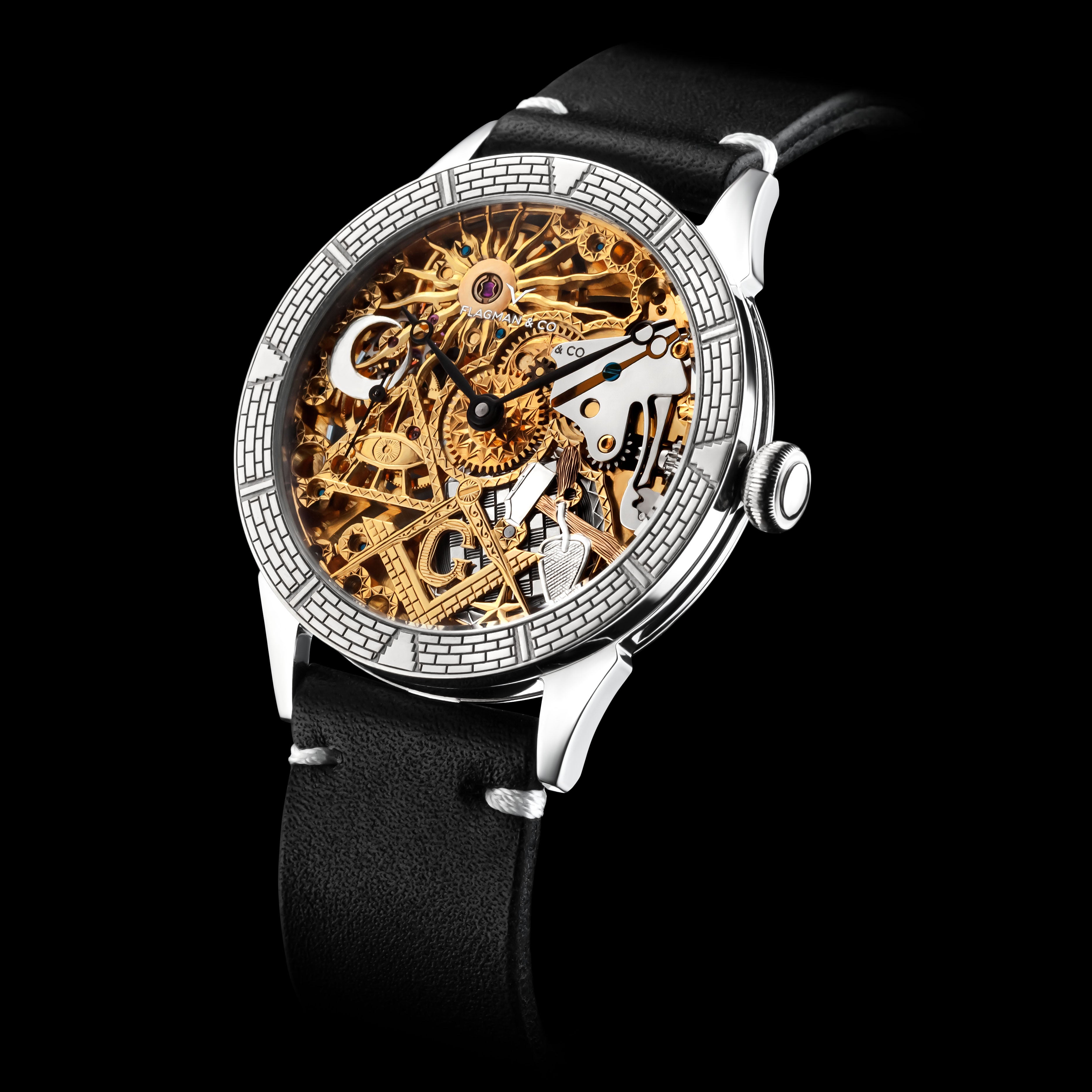 Close up view of Pueblo leather watch strap black on mechanical skeleton watch