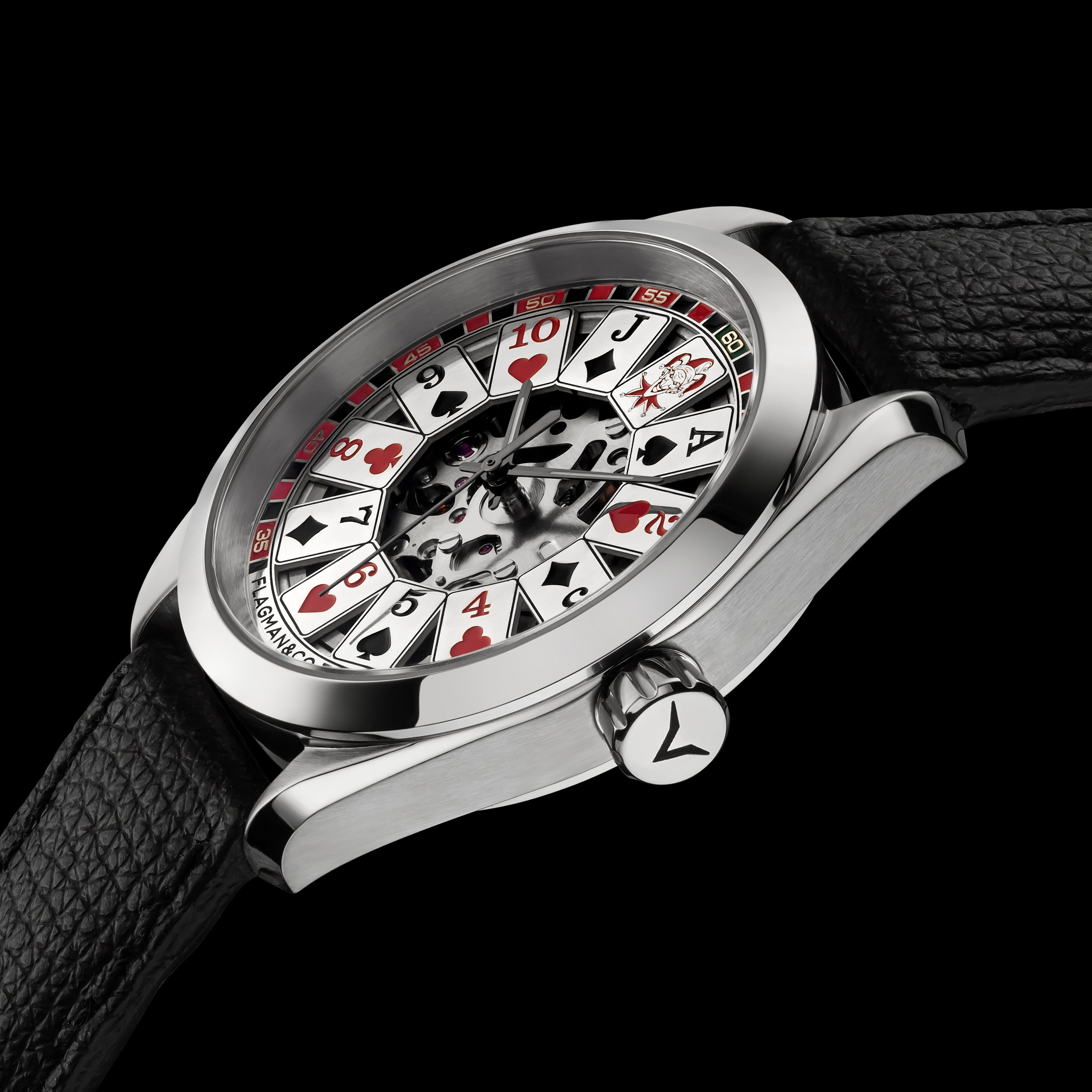 Close-up of handmade Safian leather watch strap, Black color