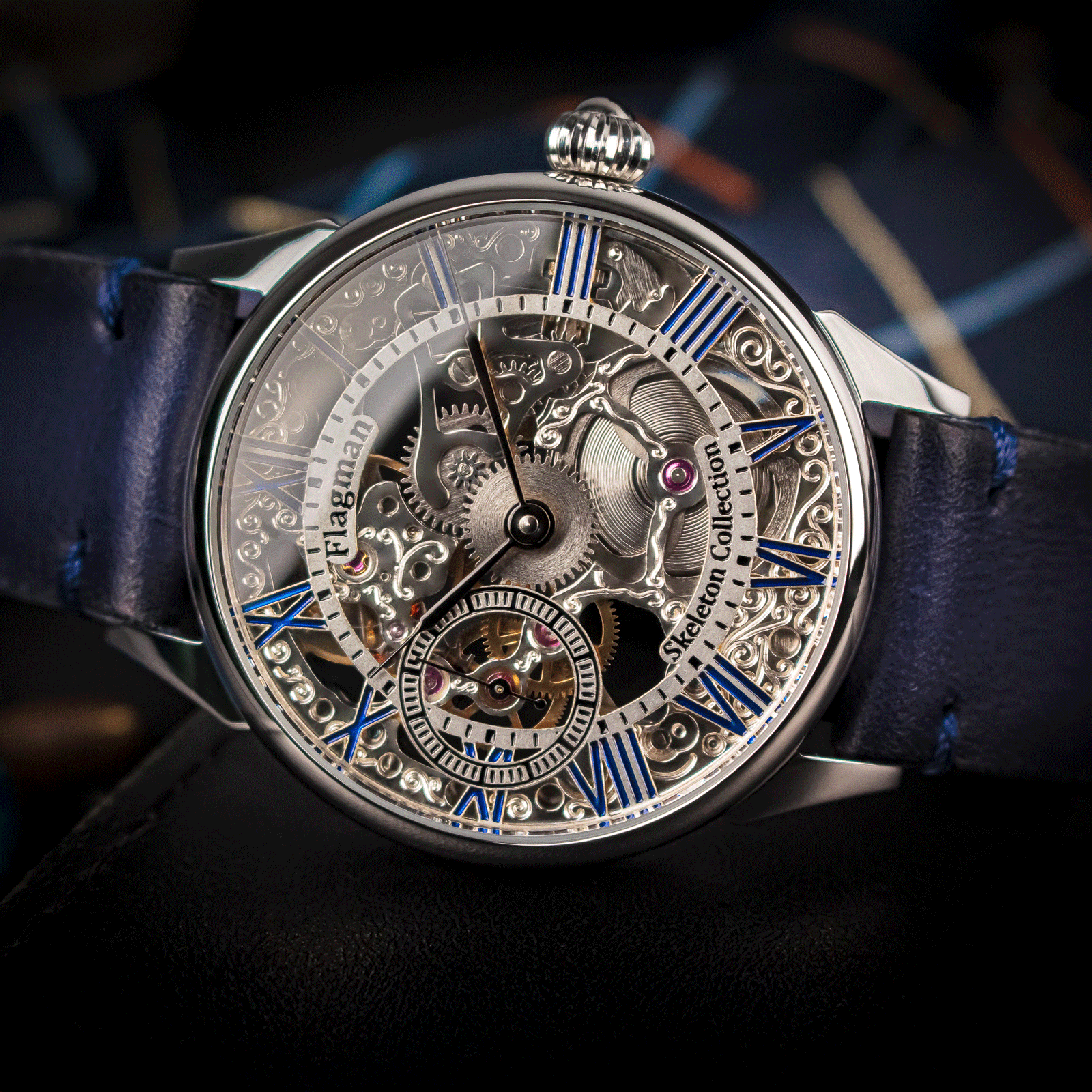 Blue Handmade Pueblo Leather Strap on Mechanical Watch