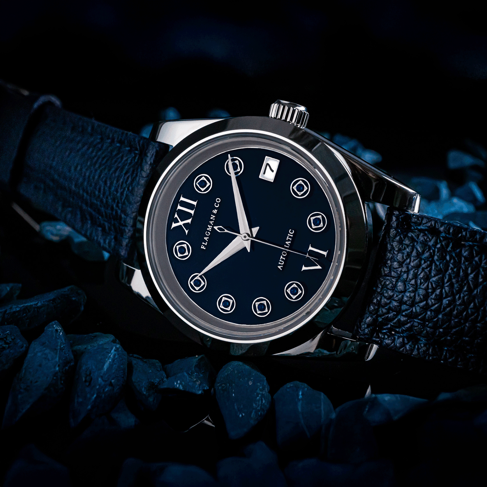 Lifestyle photo of Automatic Mechanical Watch with Blue handmade leather strap