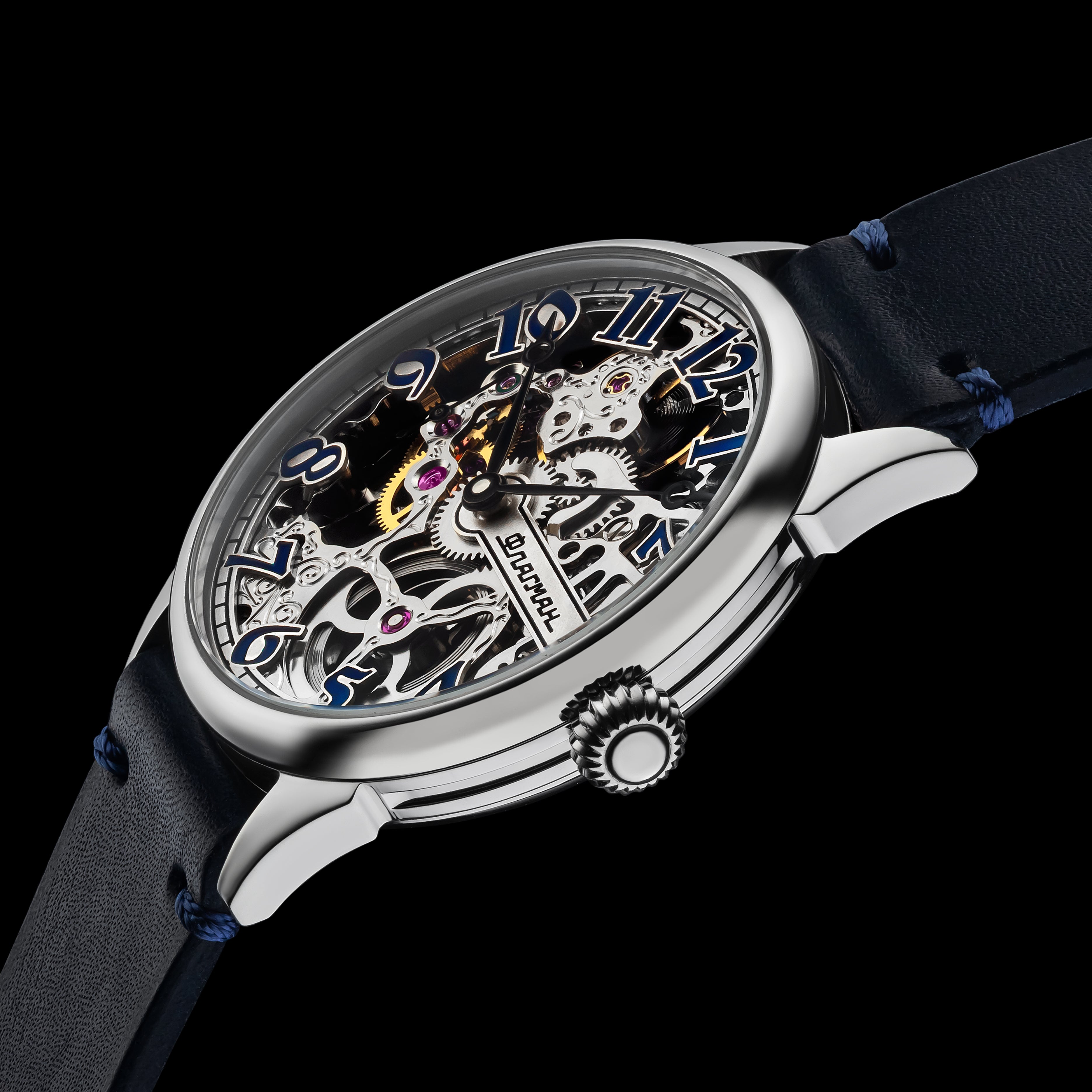 Luxury watch with black strap and visible mechanical components on a black background