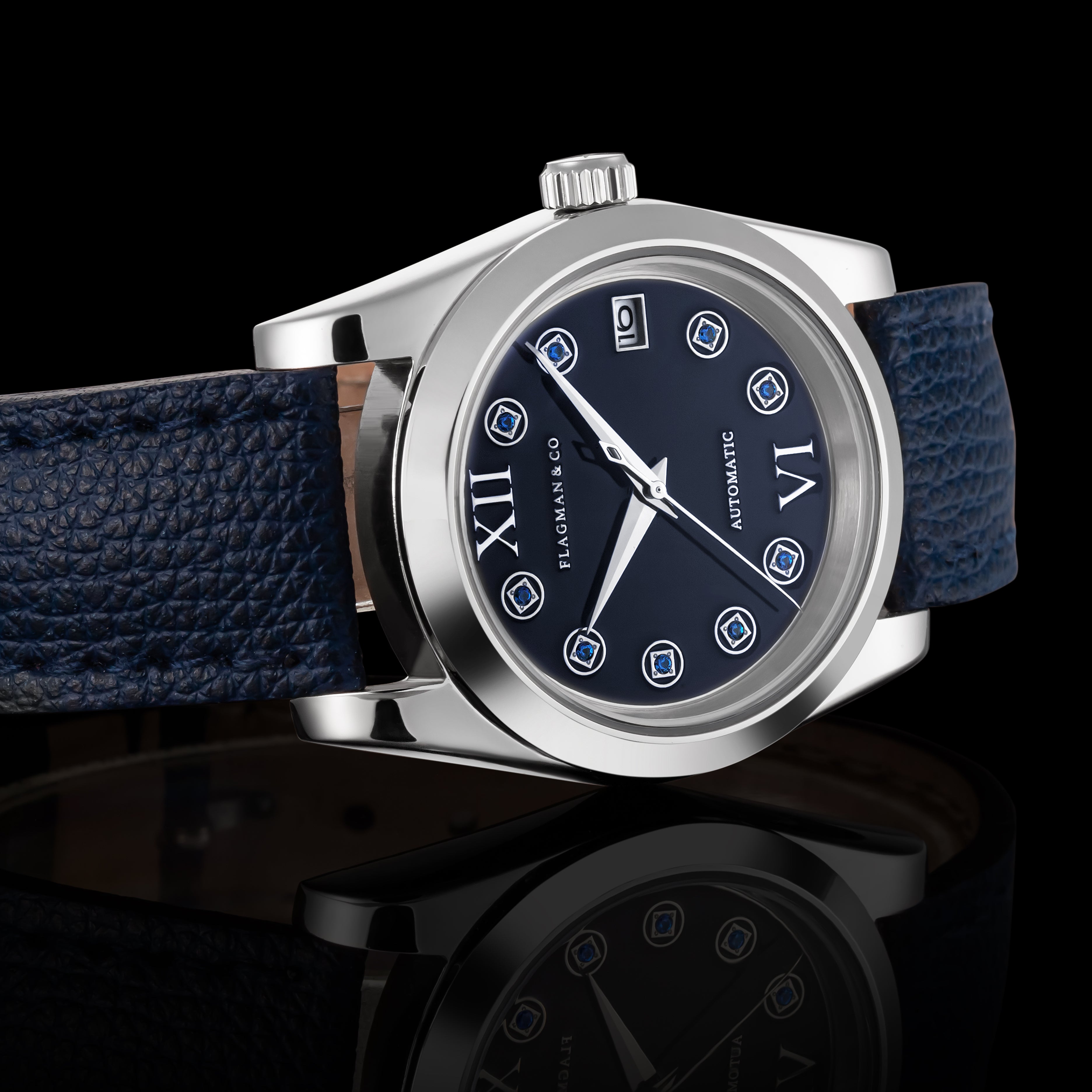 Close-up of handmade leather watch strap, Blue color