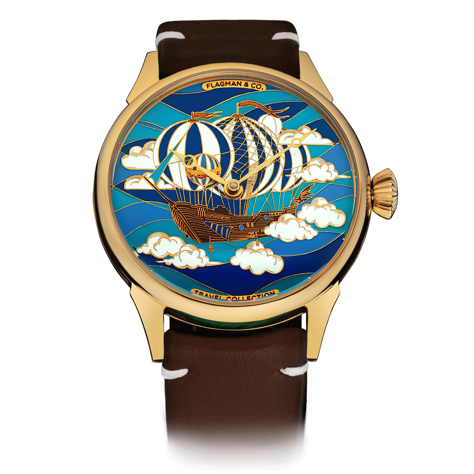 Luxury watch with artistic design of a hot air balloon and clouds on the dial, brand 'Flagman & Co.' visible. #color_brown