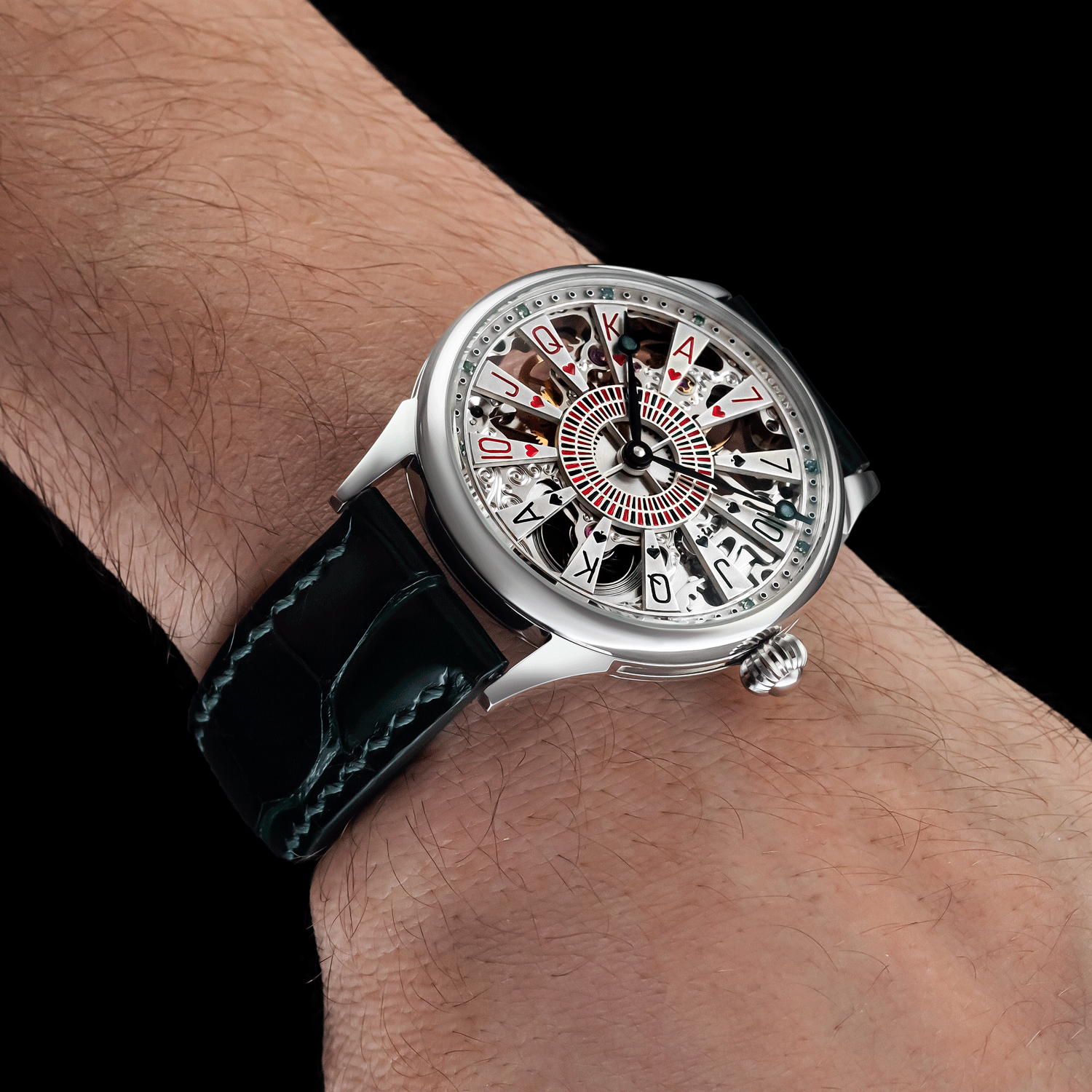 Front view of skeleton watch worn on wrist – Poker-inspired design - Card Aethetics