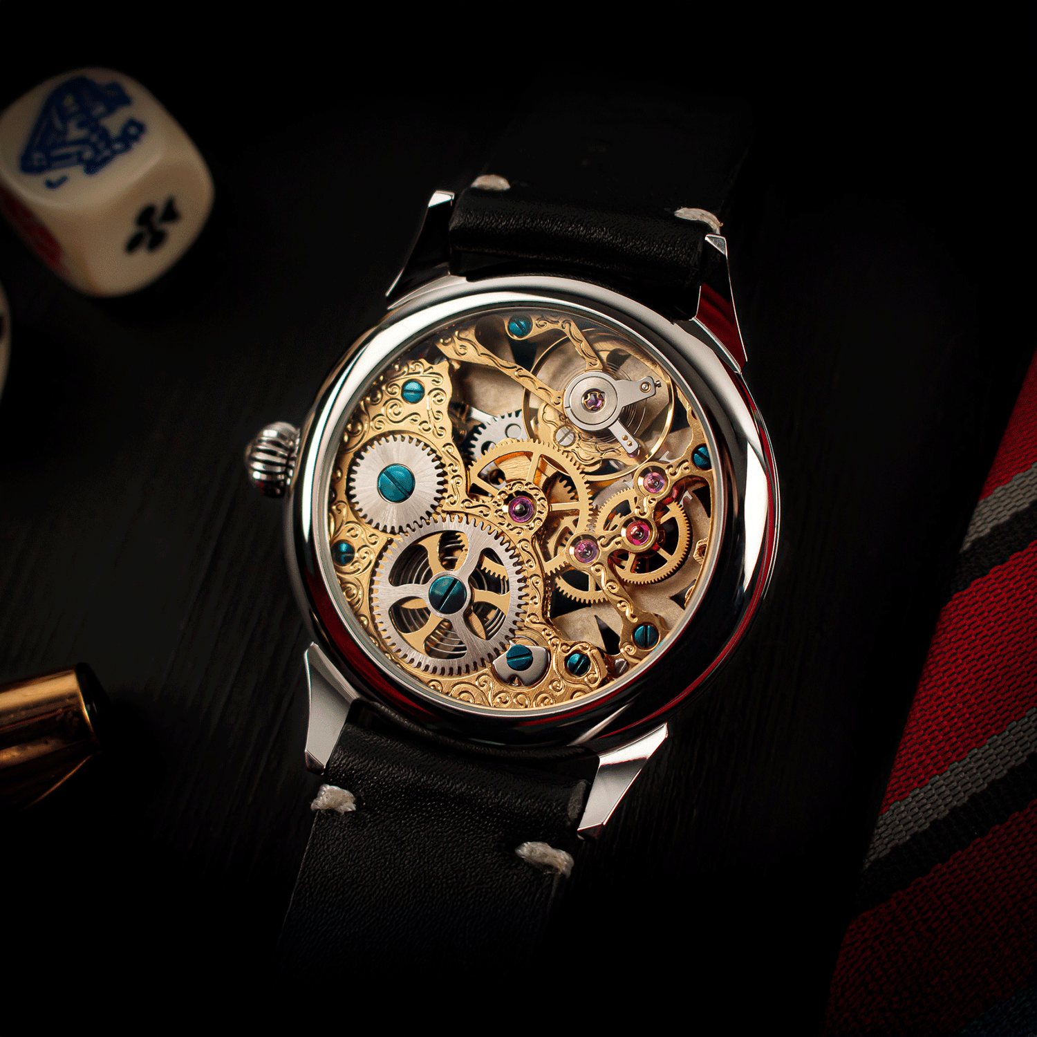 Rear view of Card Table 2.0 showing skeleton caseback and manual winding movement