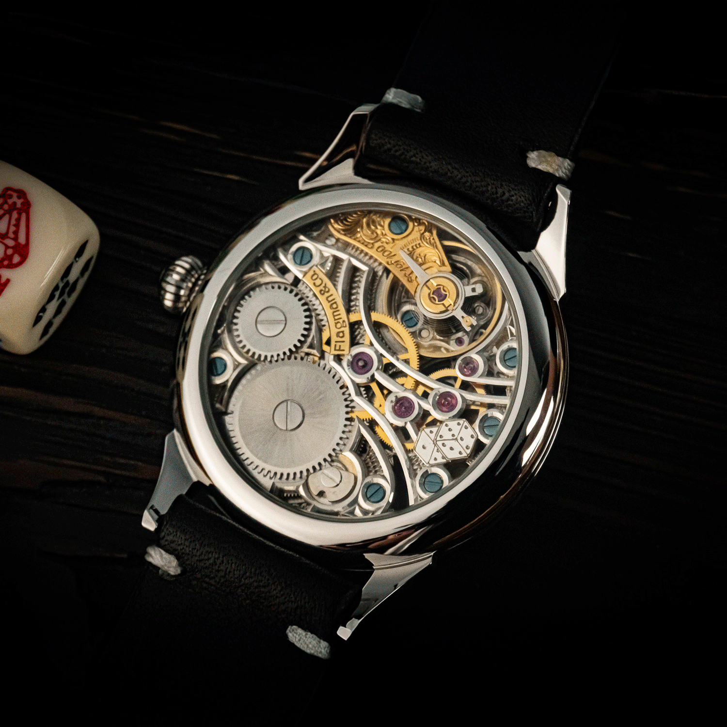 Rear view of Card Table 3.0 showing skeleton caseback and manual winding movement