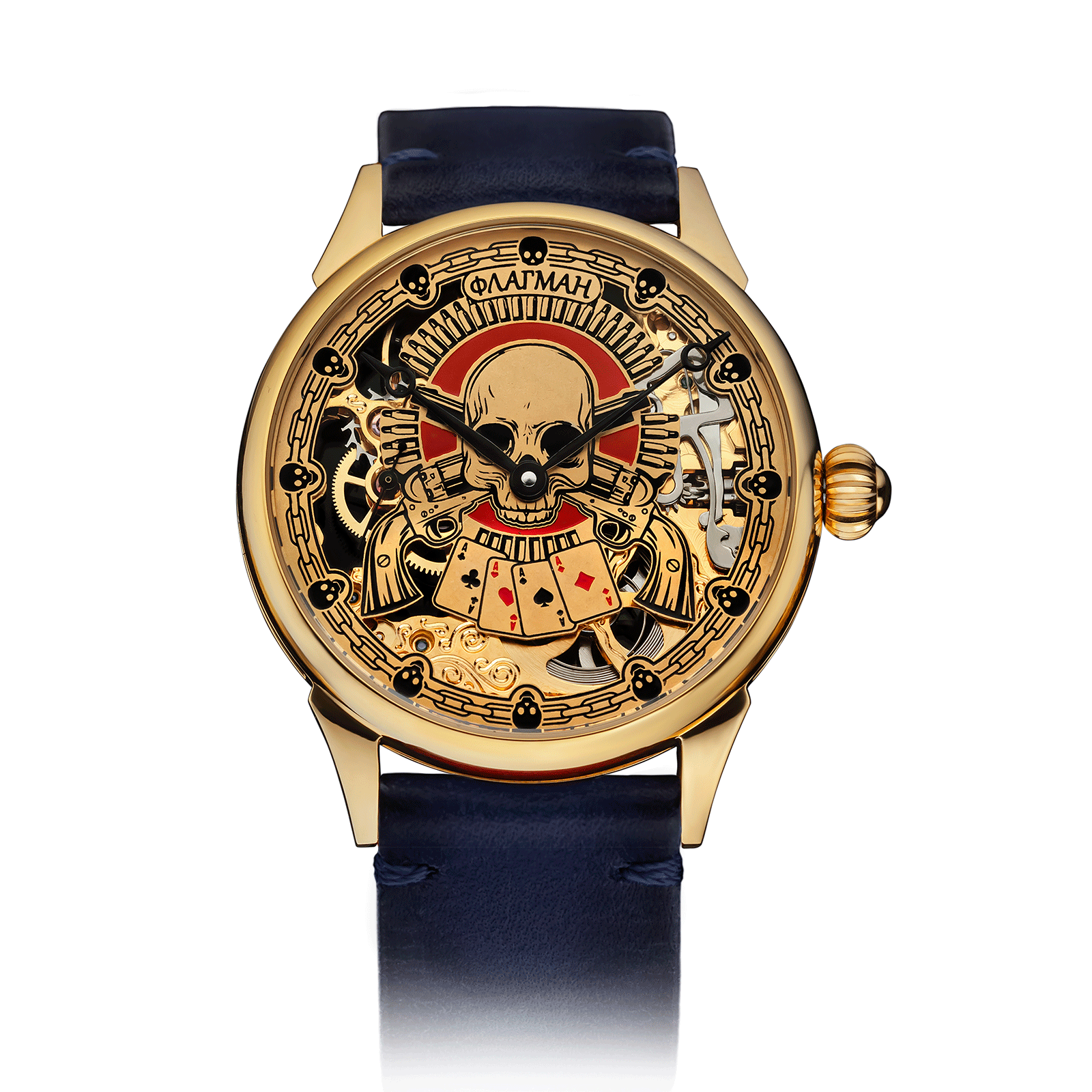 Blue Leather Strap on Royal Gears Skeleton Watch #color_blue