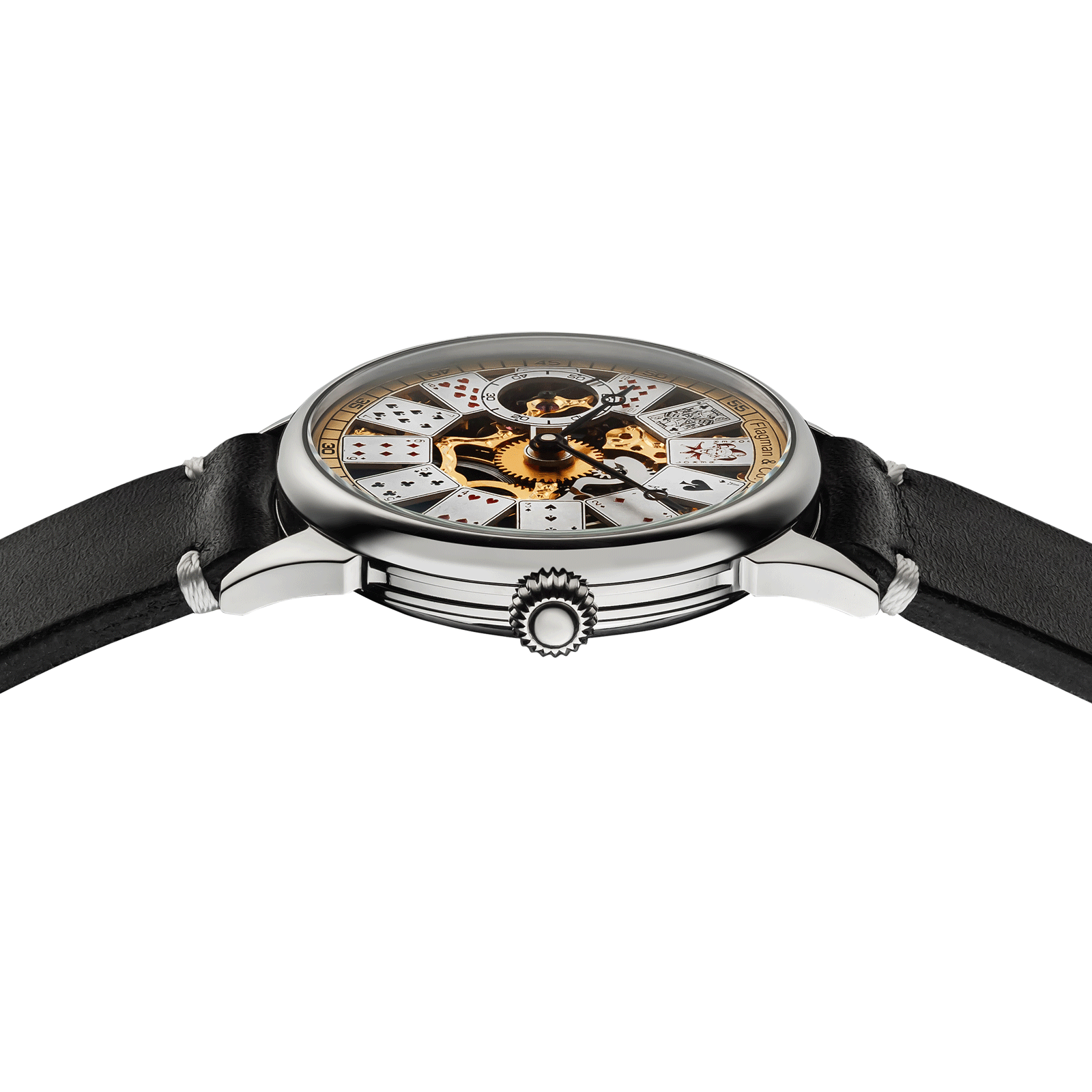 Close-up of casino poker watch with side crown and detailed case finish