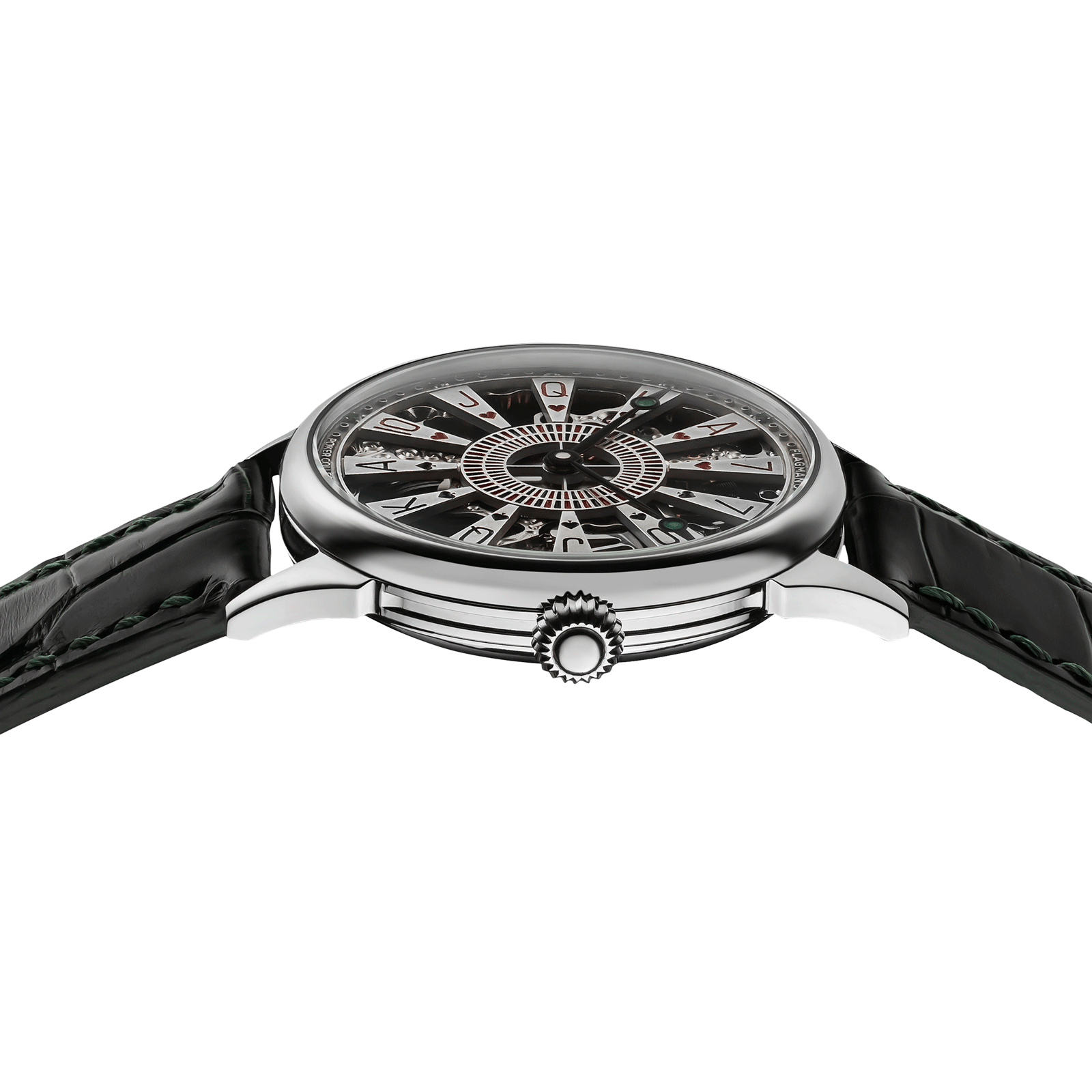 Close-up of Casino watch with side crown and detailed case finish