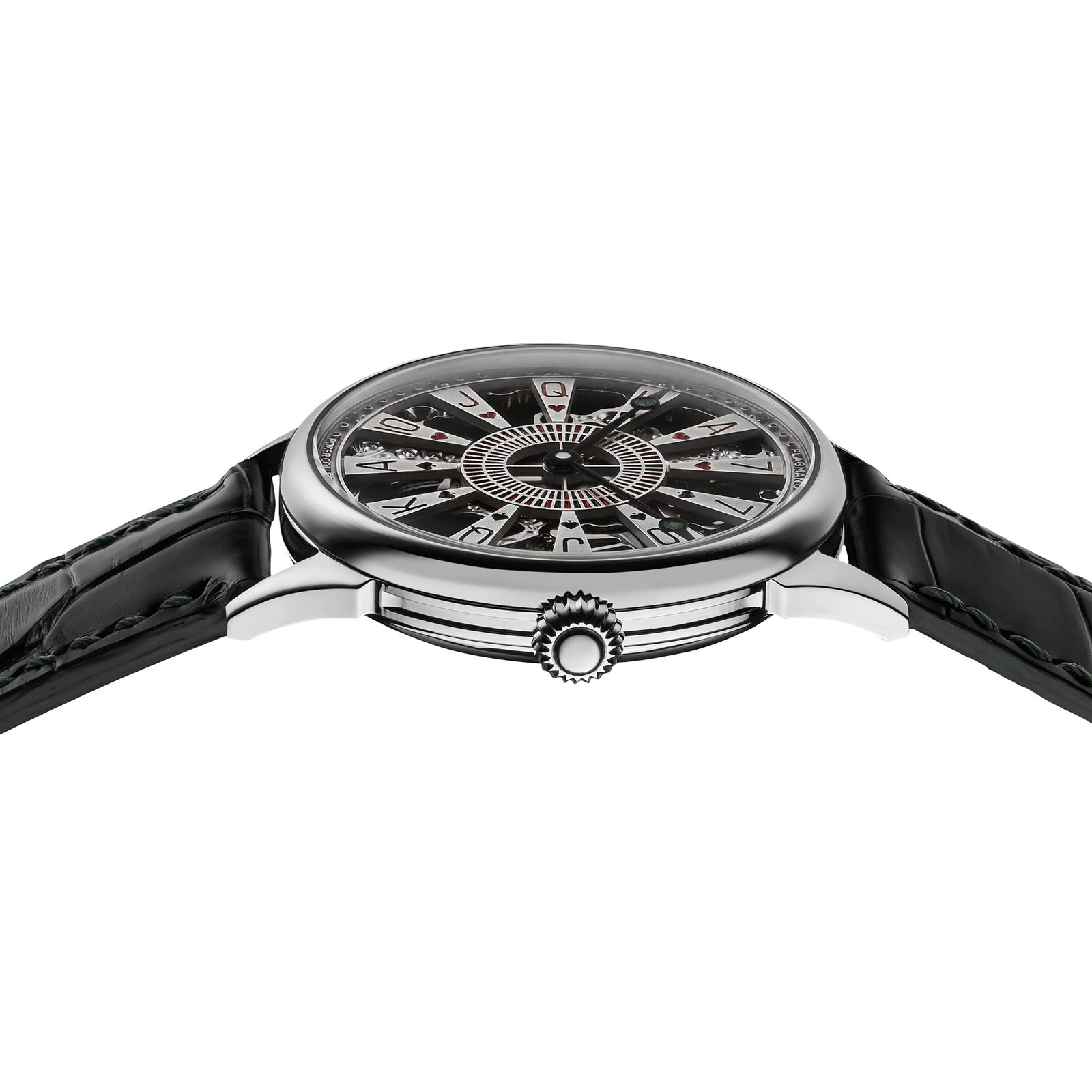 Close-up of Casino watch with side crown and detailed case finish