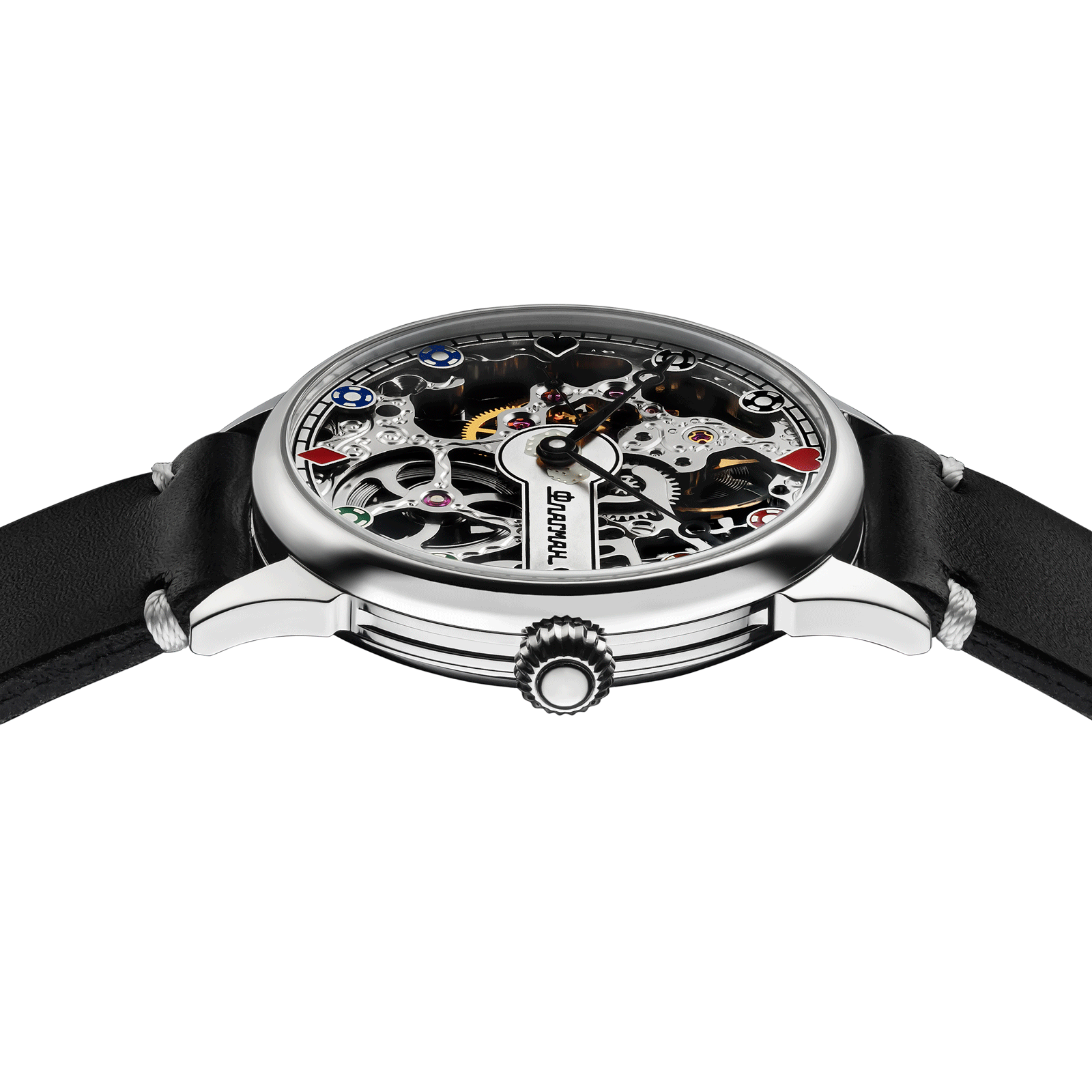 Close-up of casino watch with side crown and detailed case finish