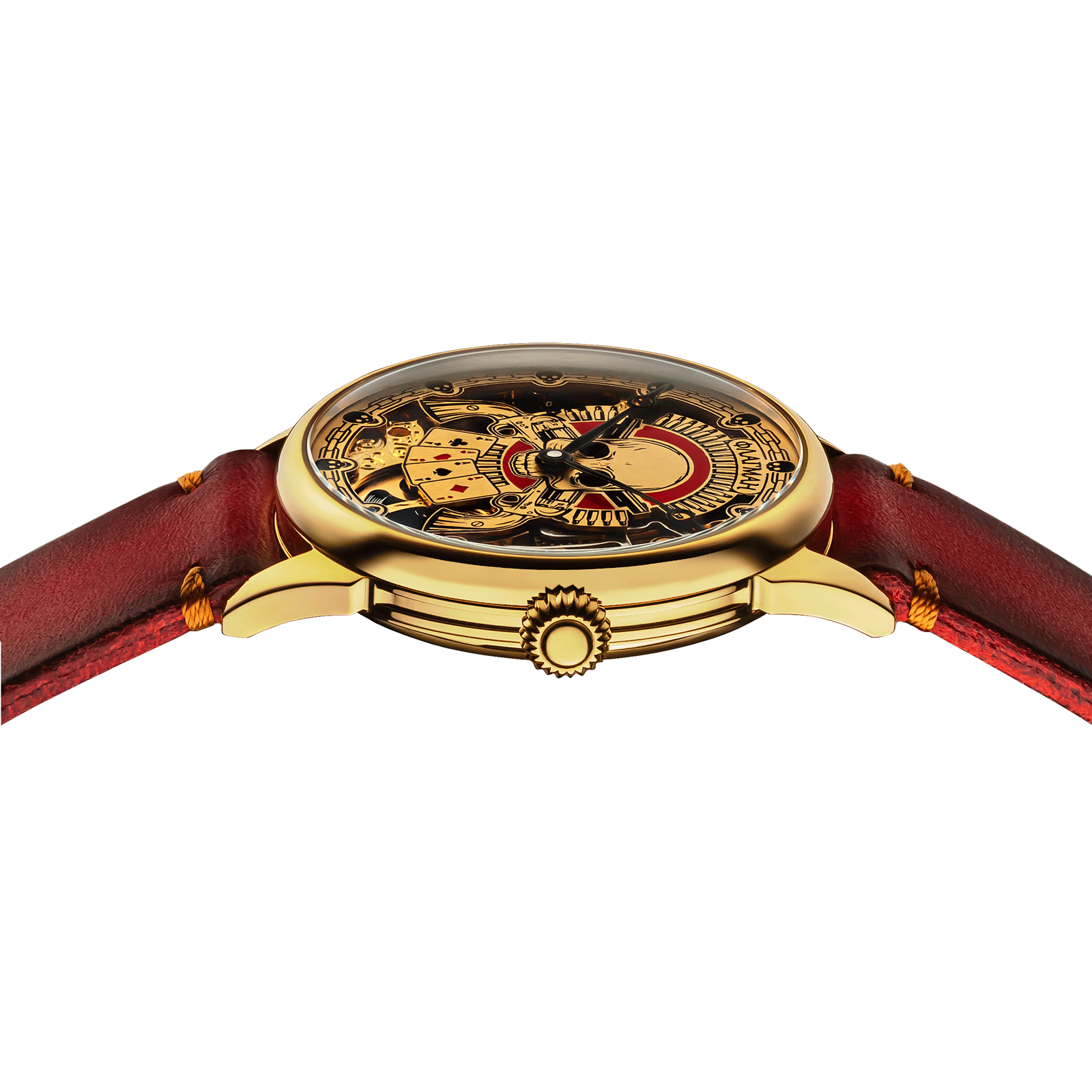 Close-up of poker watch with side crown