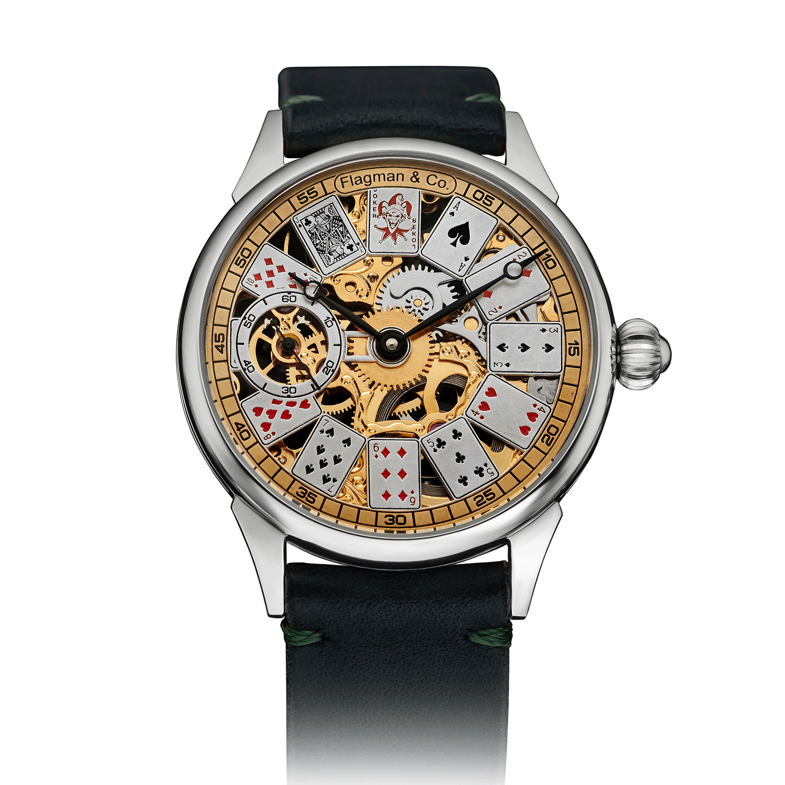 Card Table 2.0 with Green Leather Strap – Skeleton Watch #color_green