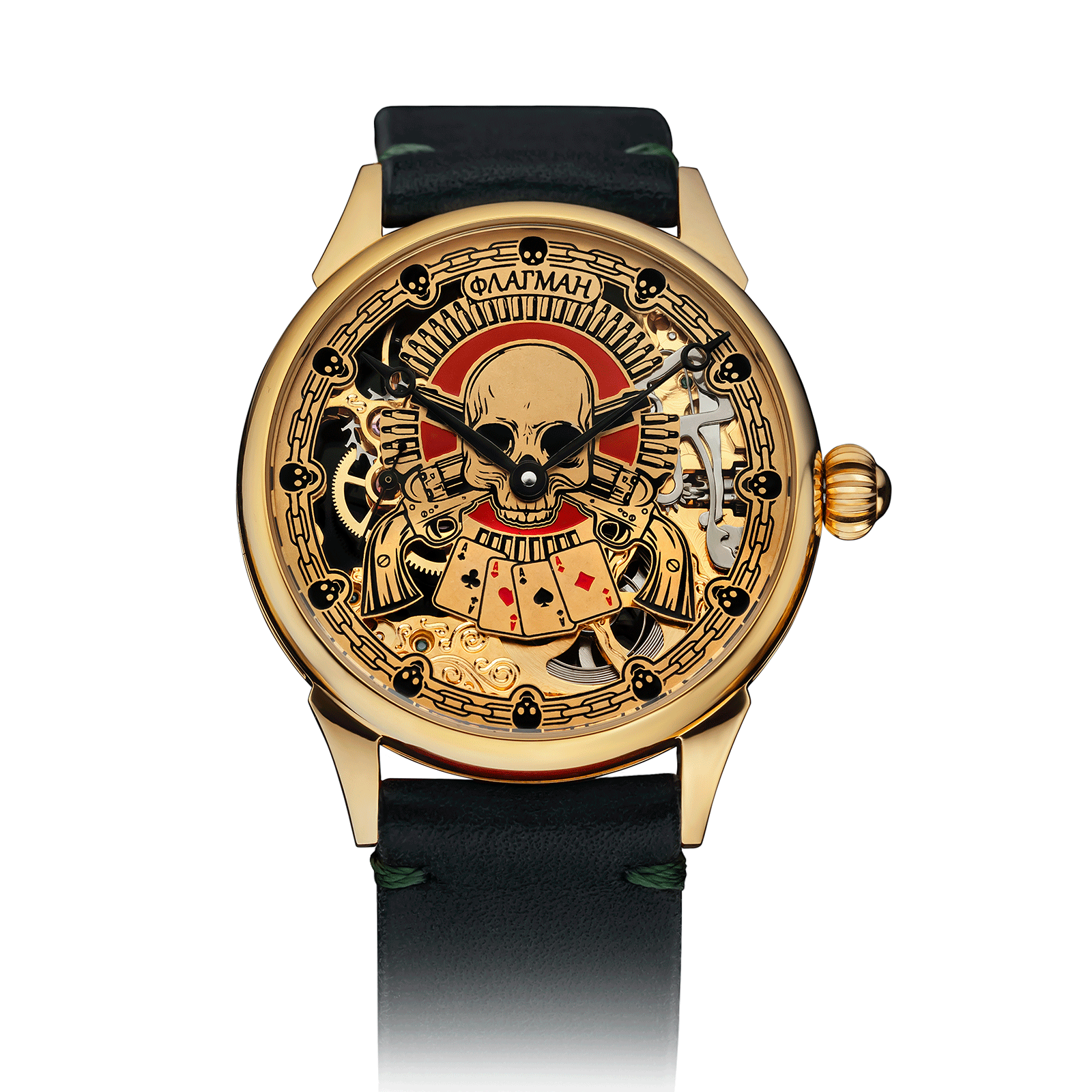 Royal Gears watch with Green Leather Strap – Skeleton Watch #color_green