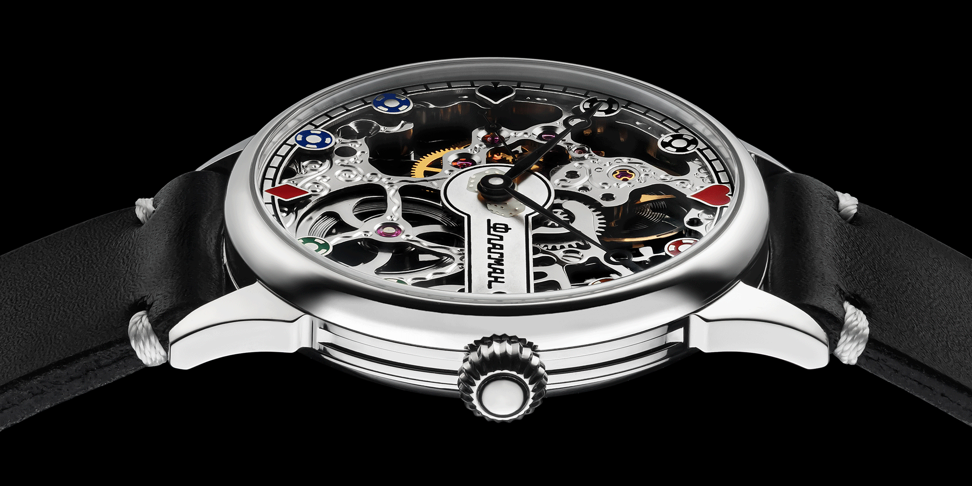 Front view detail of Chips poker skeleton watch