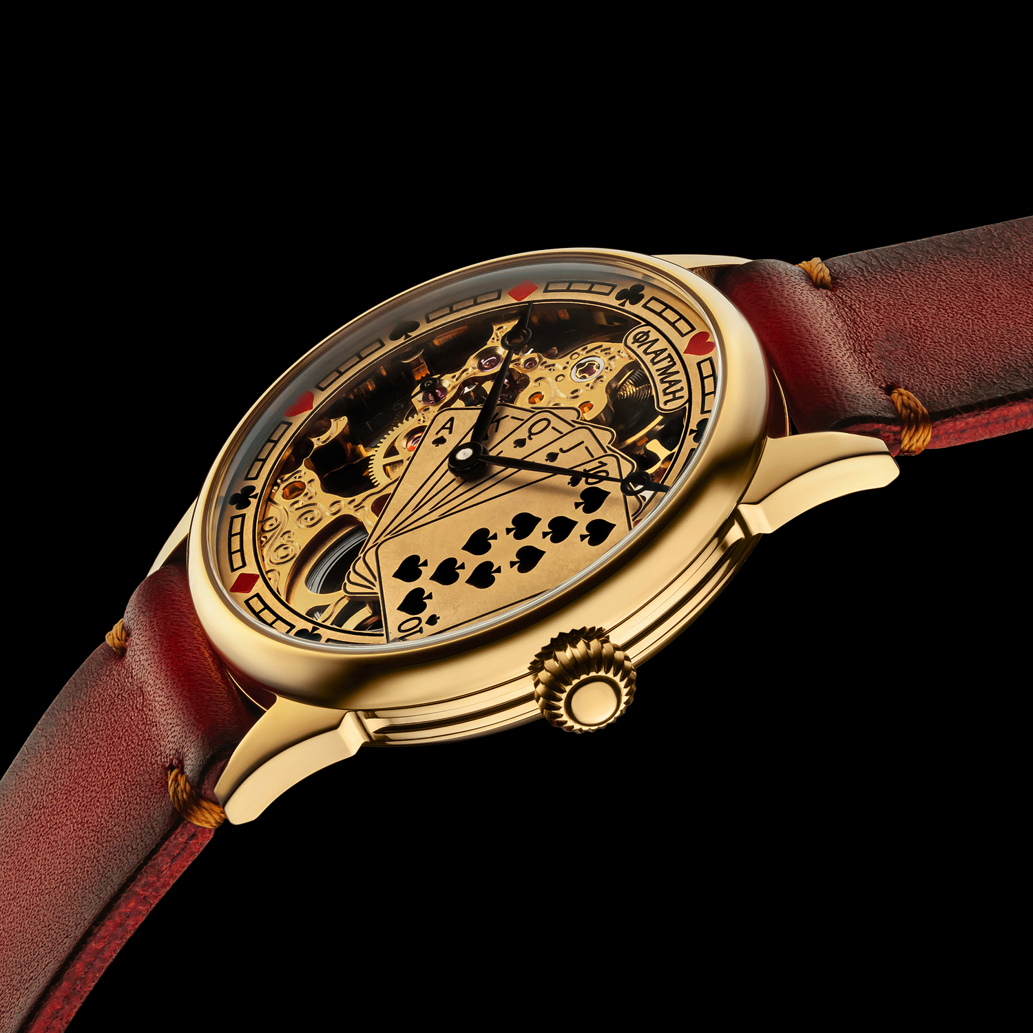 Front view detail of Flush Royale handmade skeleton watch