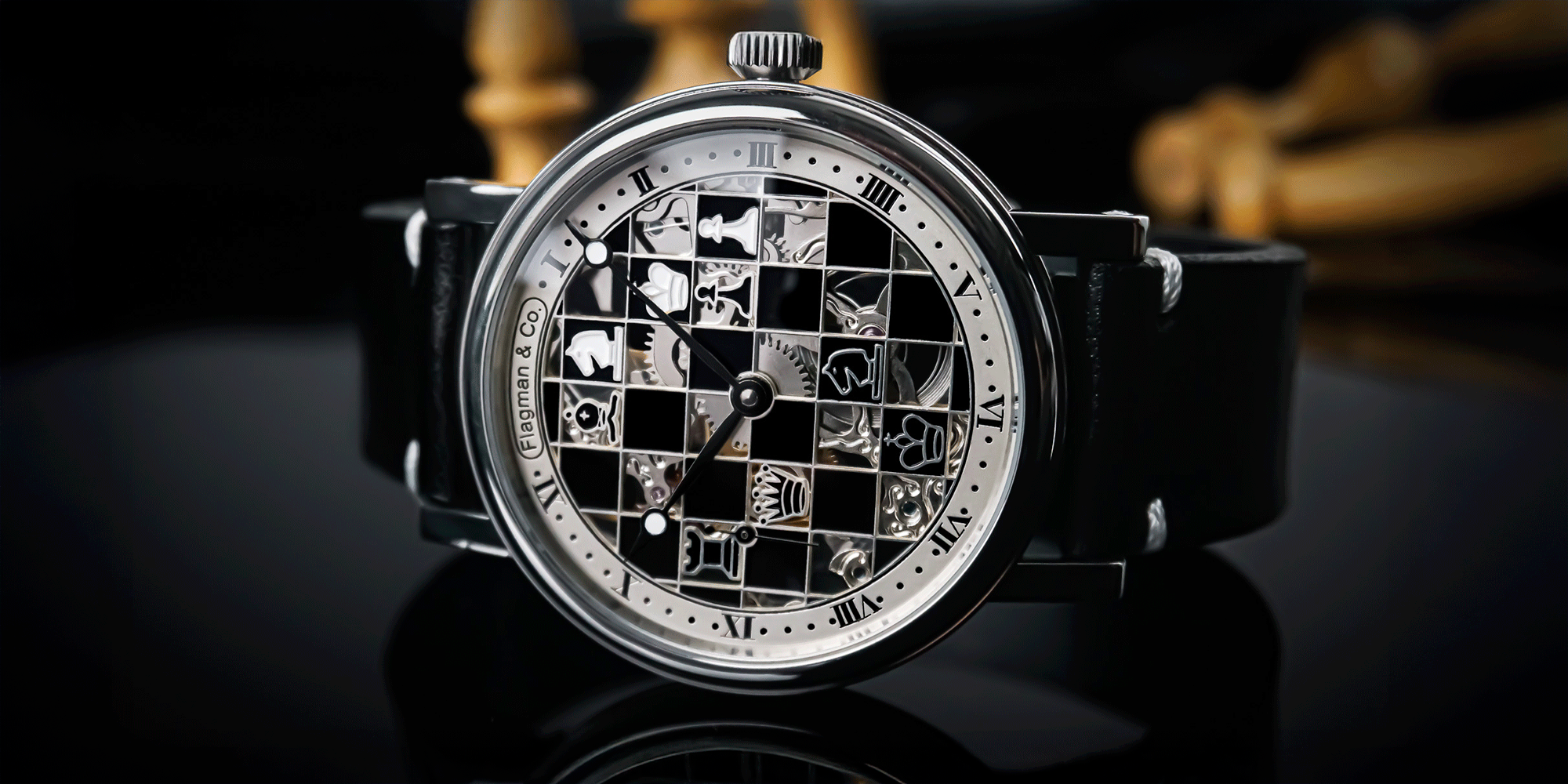 Chess-inspired skeleton watch from the CheckMate collection, blending strategy, design, and handmade craftsmanship