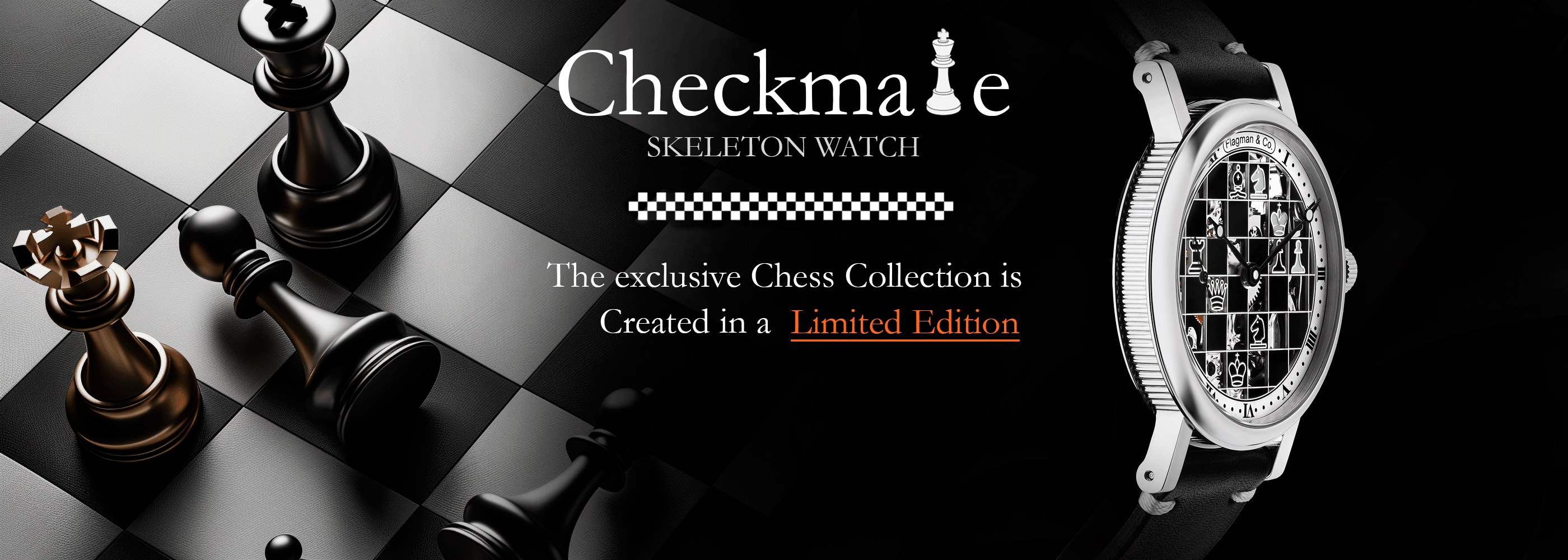 Main banner featuring handmade skeleton watches from the Checkmate Collection by Flagman & Co.