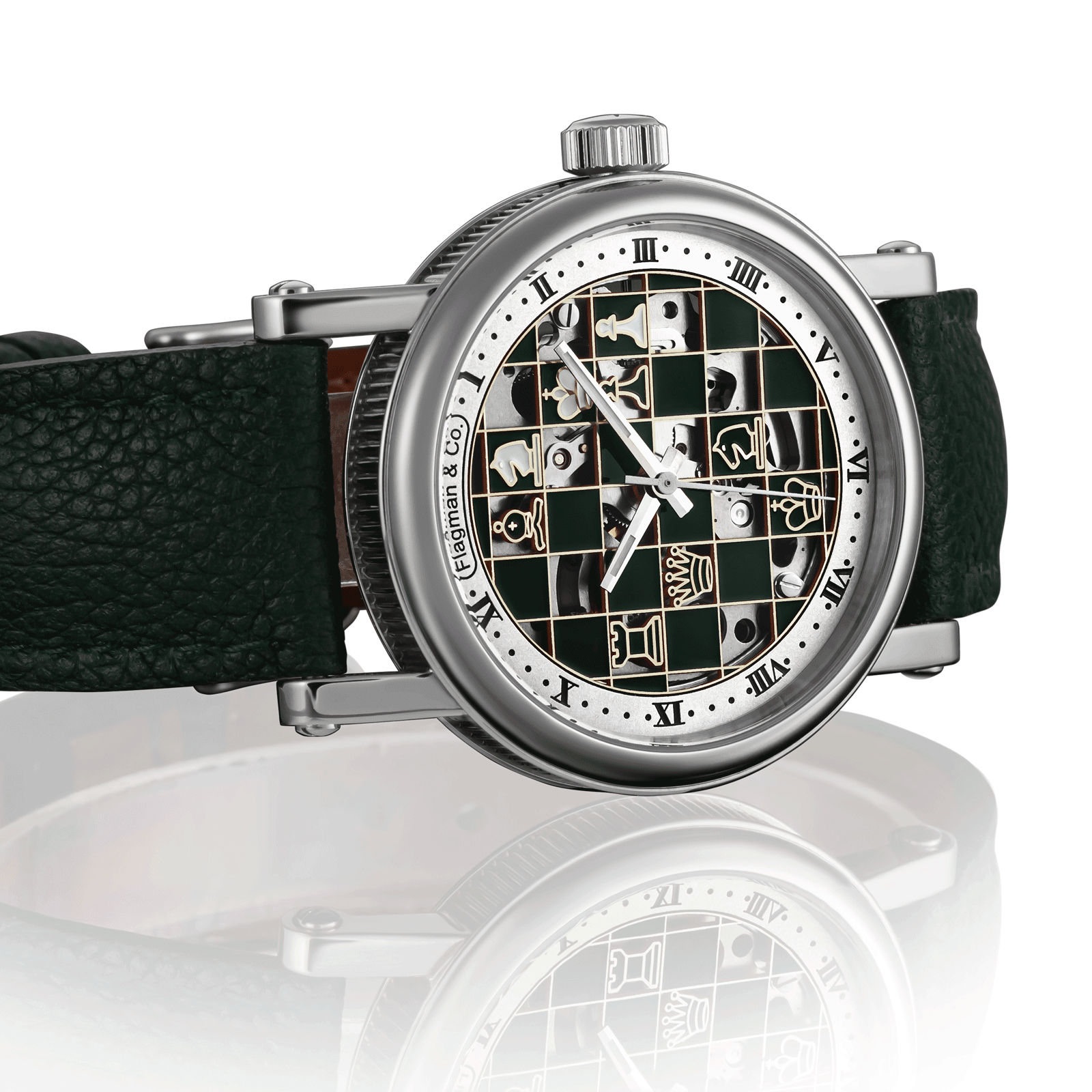 Checkmate mini Green - chess skeleton watch- side close up view