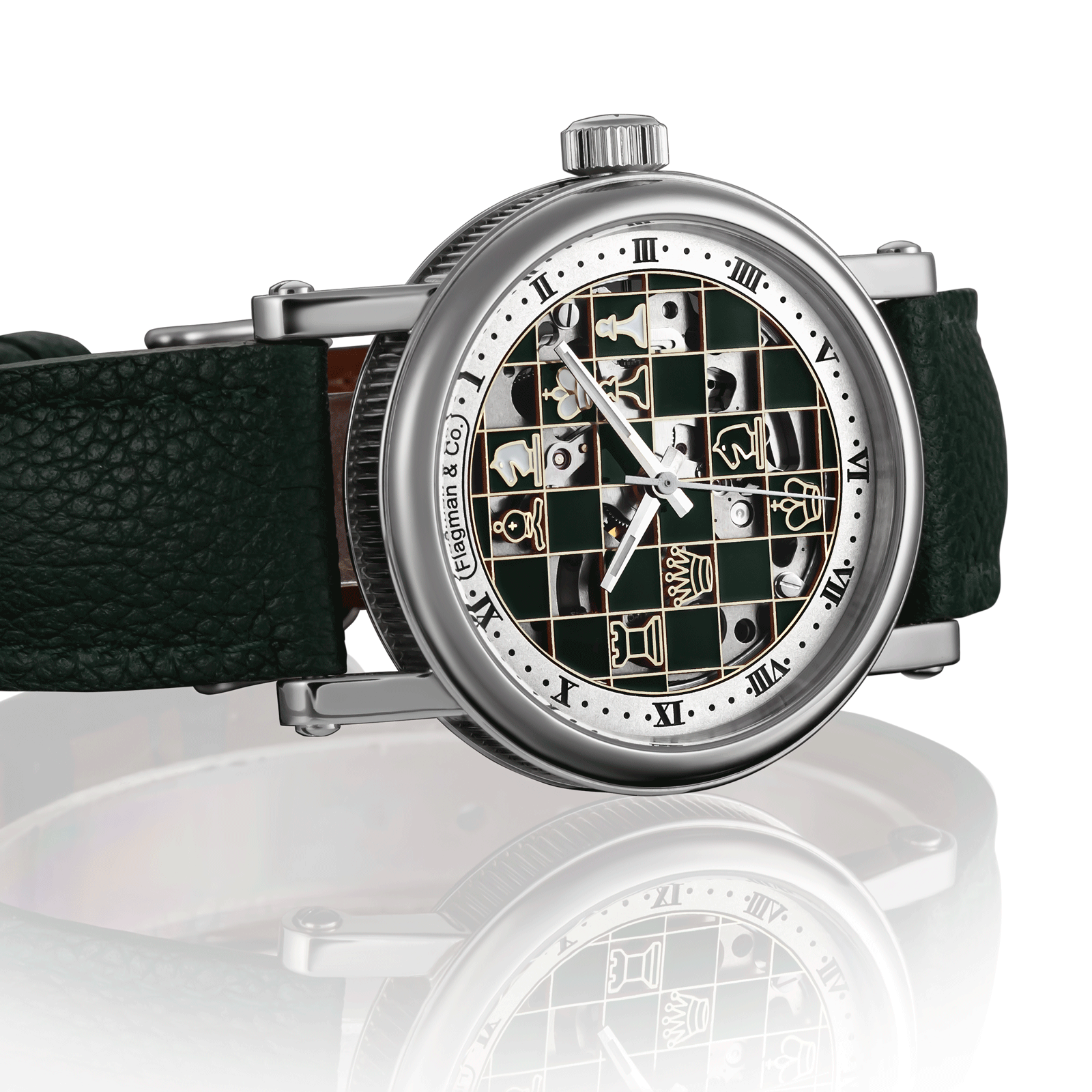 Checkmate mini Green - chess skeleton watch- side close up view