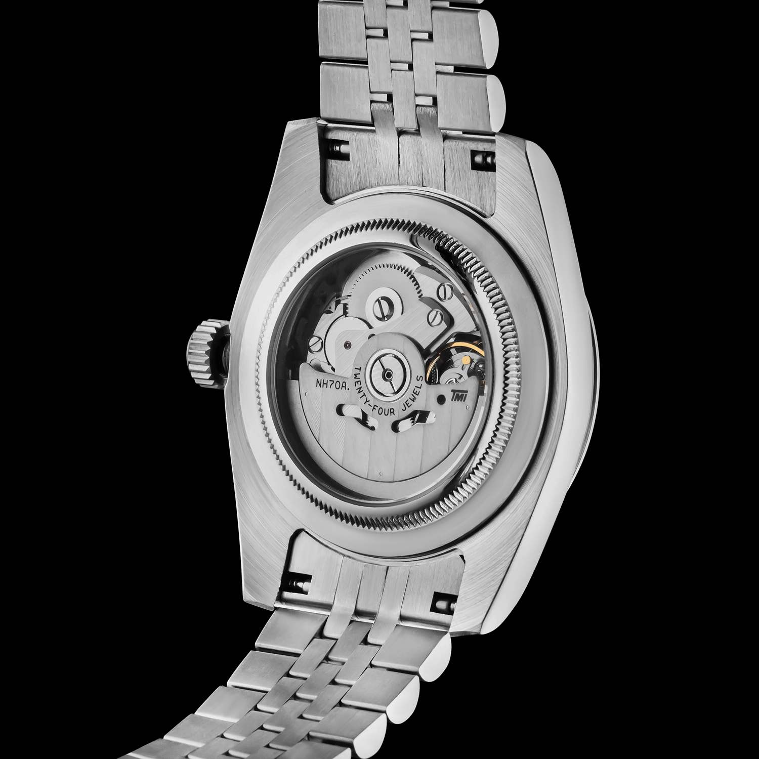 Rear view of Chess watch showing open caseback and movement
