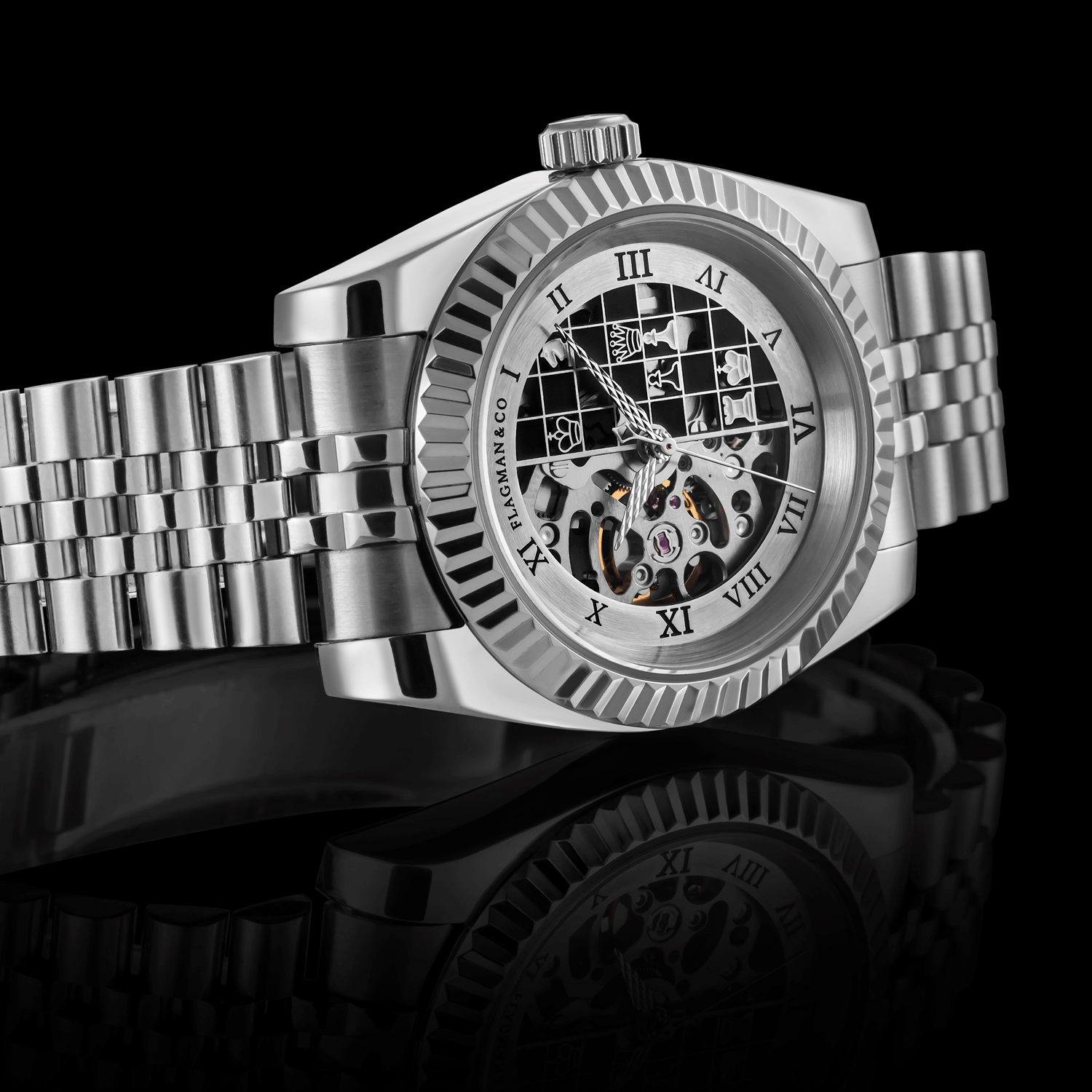 Detailed front view of checkmate handmade skeleton watch Chess