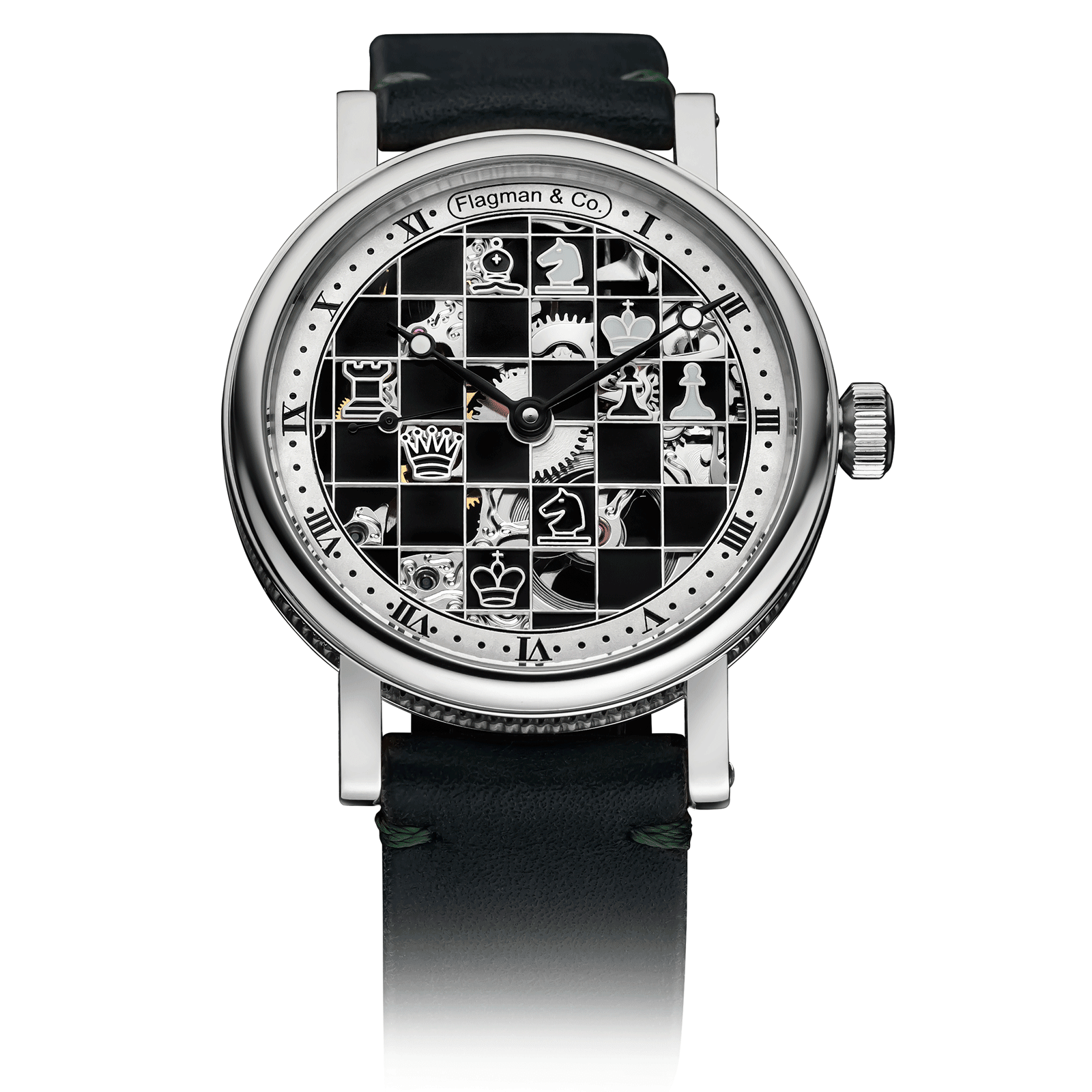 Chess watch with Green Leather Strap – Skeleton Watch #color_green