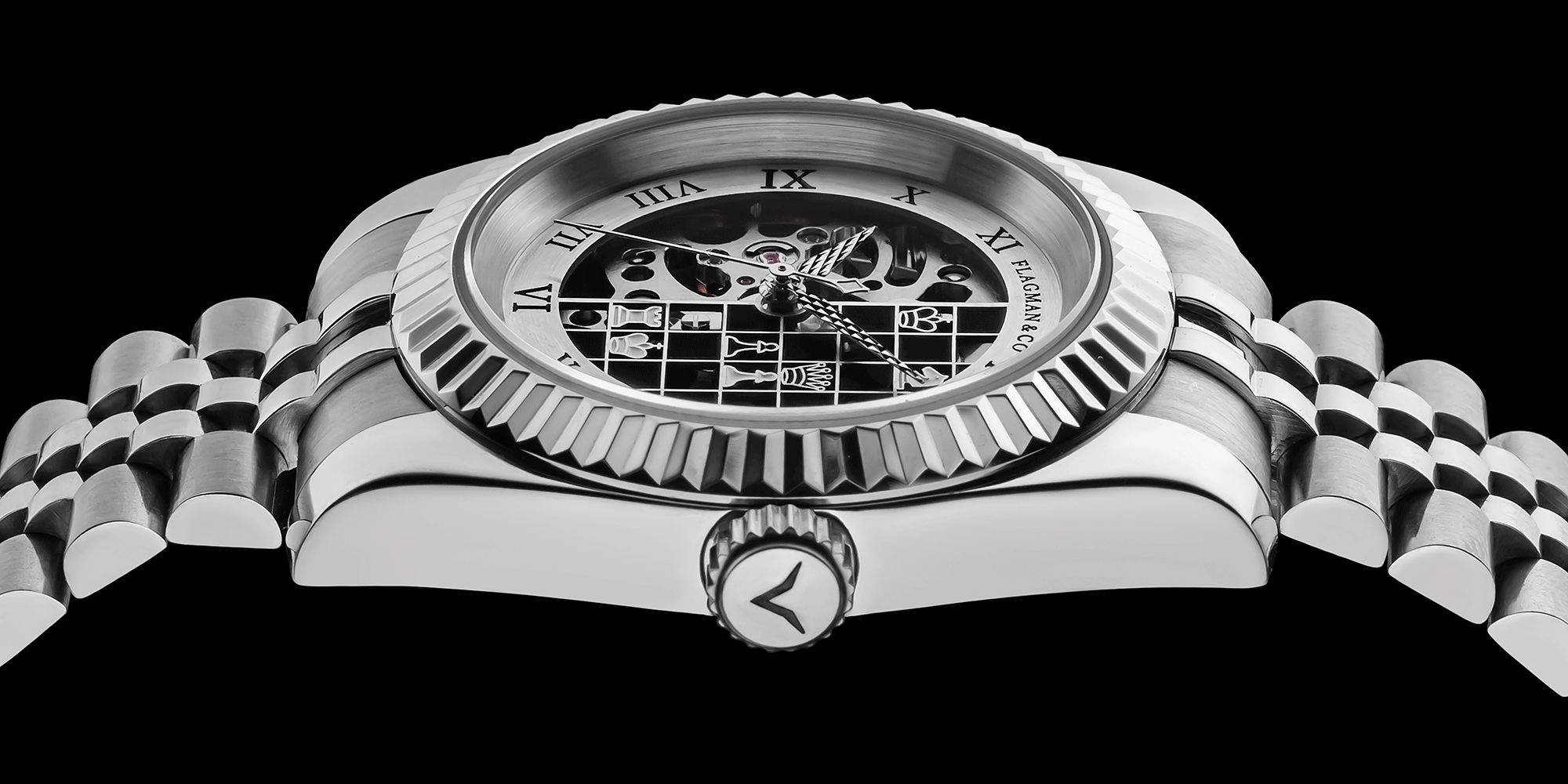 Skeleton wristwatch with detailed face on a black background