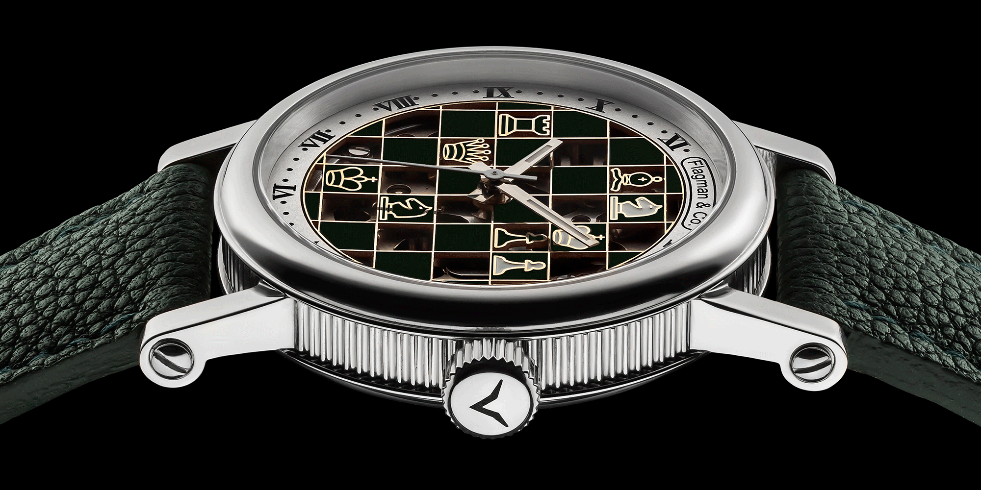 Chess watch with a detailed face on a black background