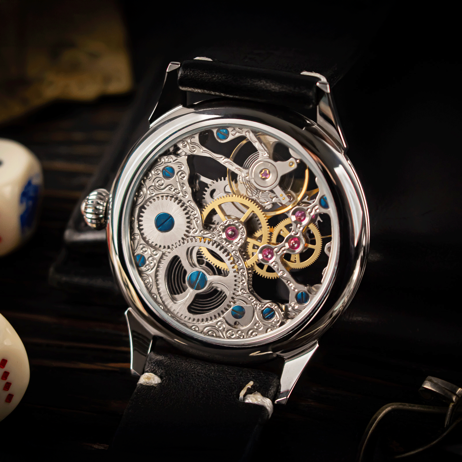Rear view of Chips showing skeleton caseback and manual winding movement