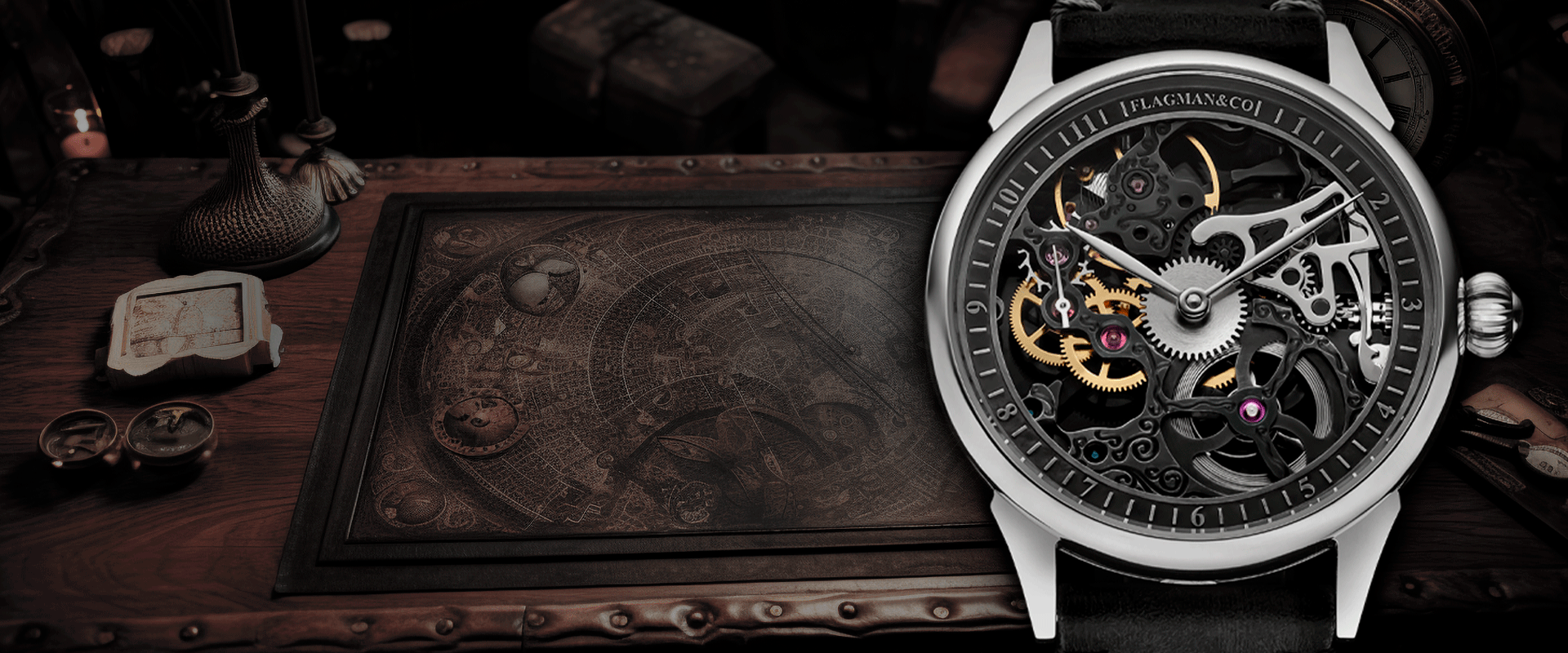 Steampunk Mechanical watch with intricate design on a dark background