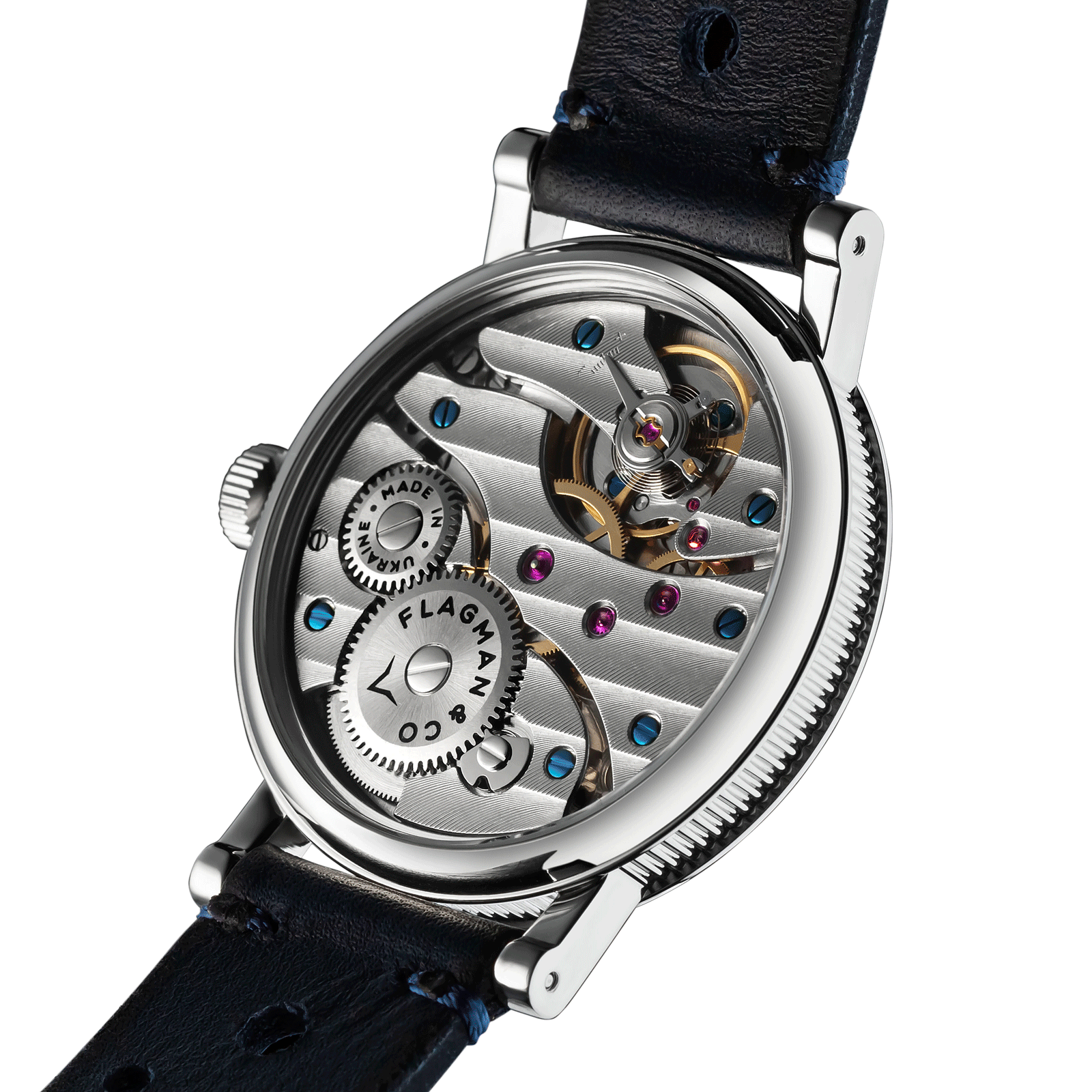 Back view of Dual Time Blue Mechanical watch – exposed movement
