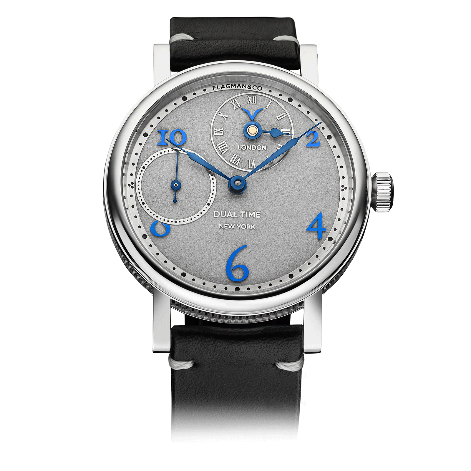 Dual Time Blue handmade watch with black strap #color_black