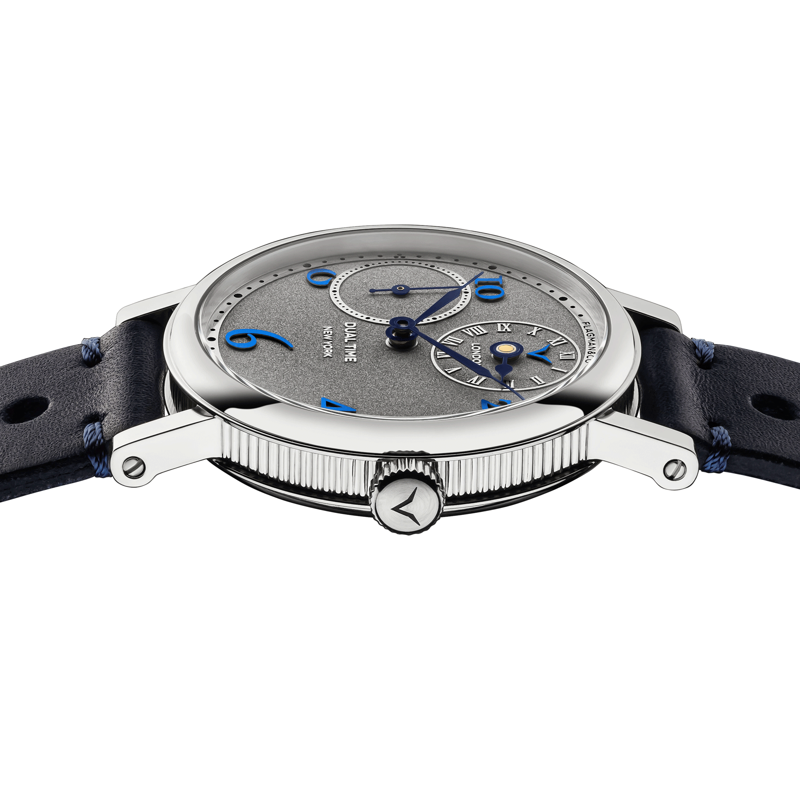 Close-up view of Handmade watch Dual Time Blue, with side crown and detailed case finish