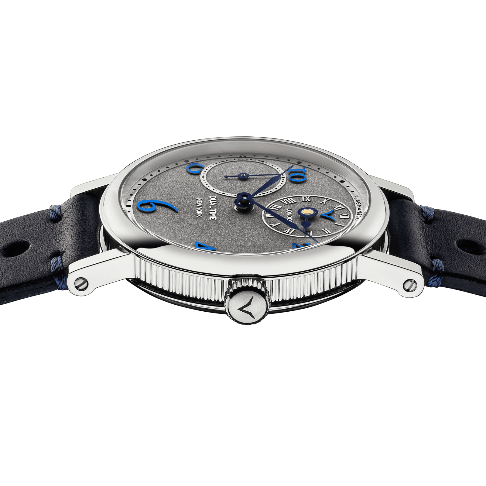 Close-up view of Handmade watch Dual Time Blue, with side crown and detailed case finish