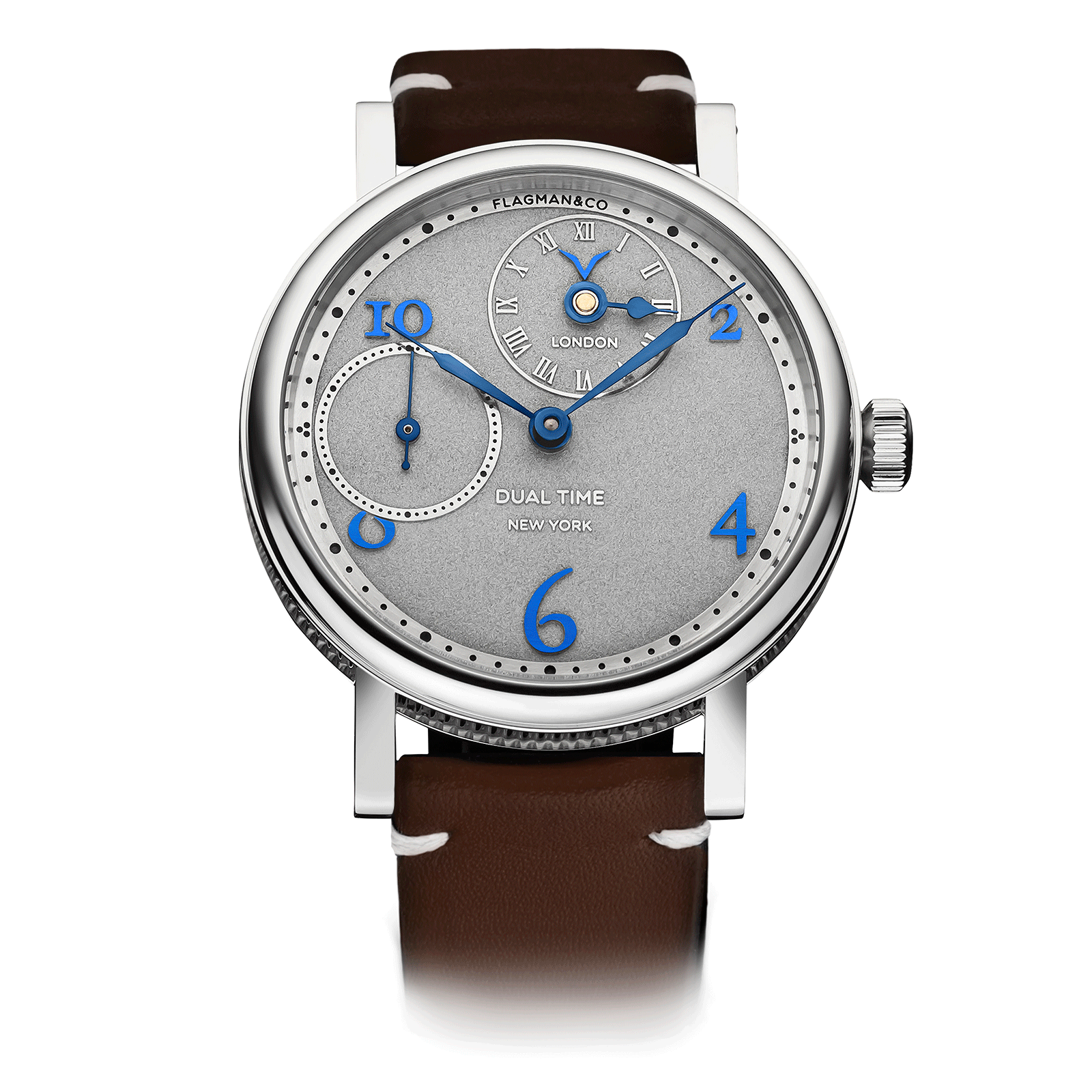 Dual Time Blue handmade watch with brown strap #color_brown
