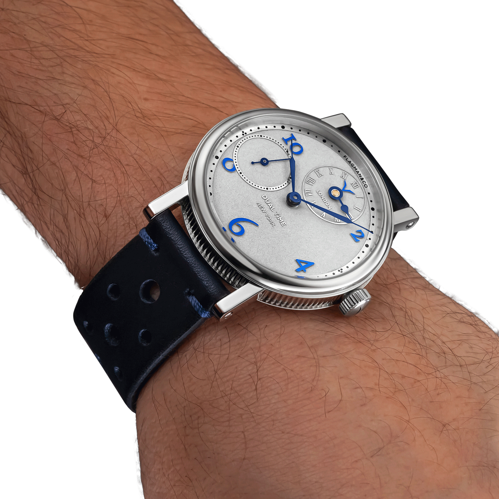 Mechanical watch Dual Time Blue on mens wrist