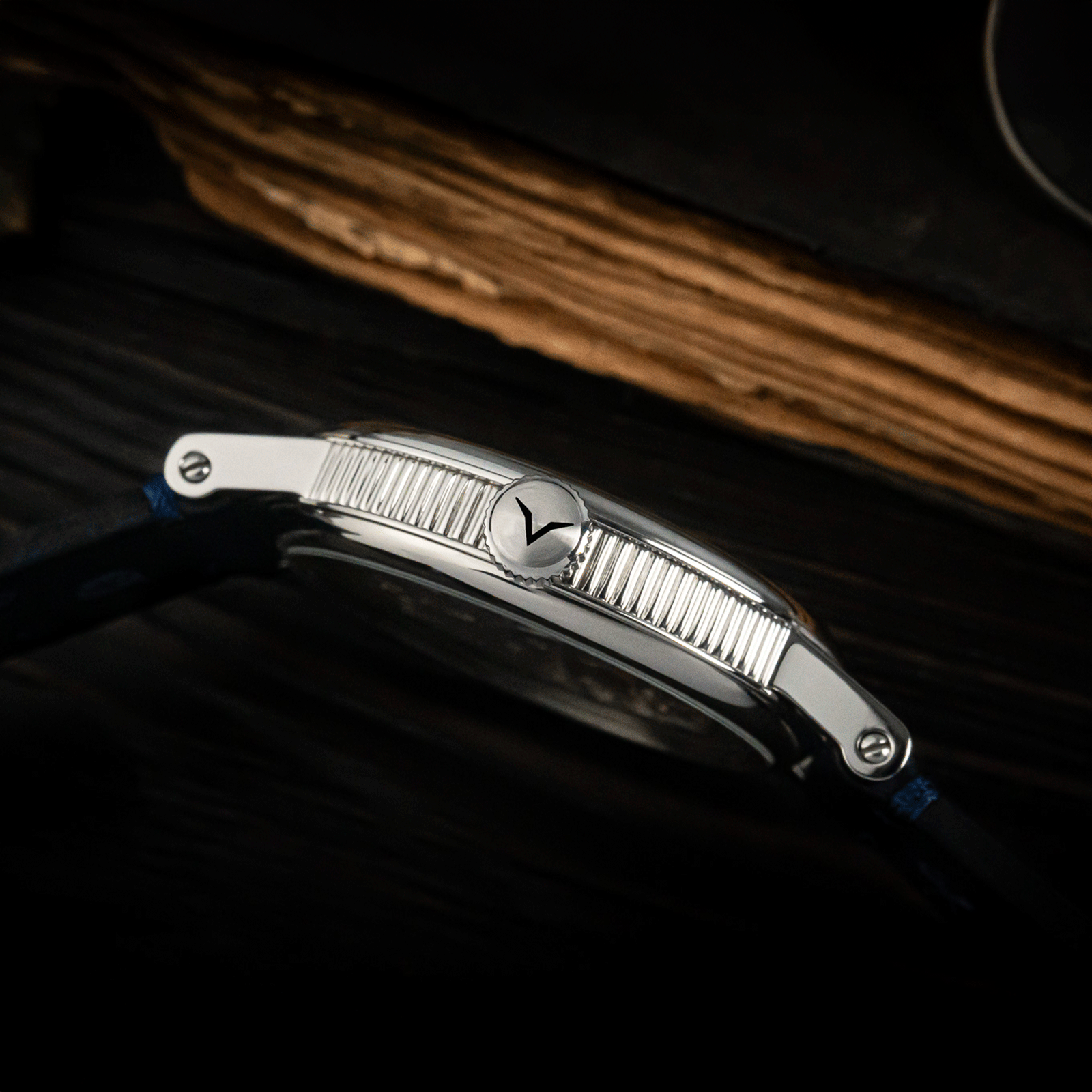 Lifestyle photo of crown of bohemian watch Dual Time Blue