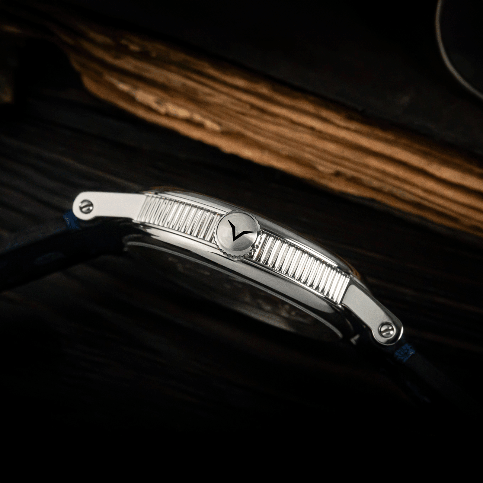 Lifestyle photo of crown of bohemian watch Dual Time Blue