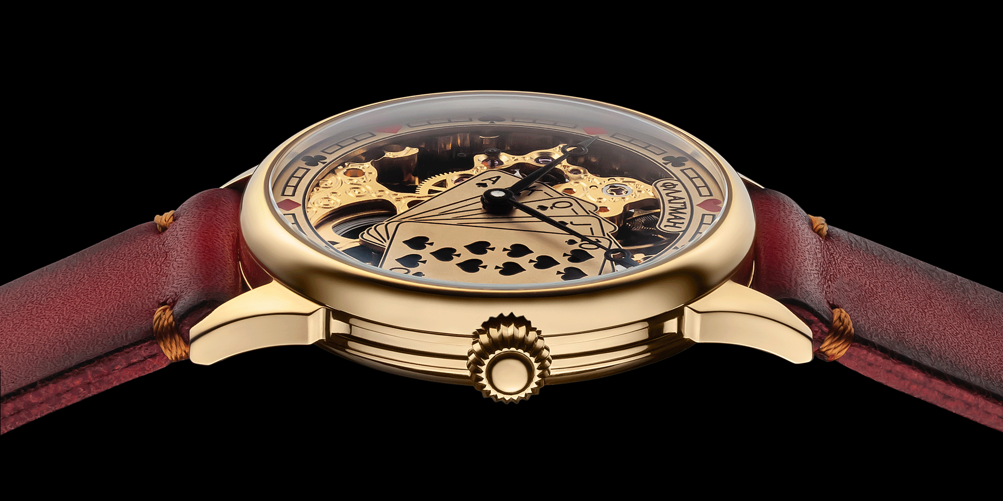 Close-up of casino-themed skeleton mechanical watch crown
