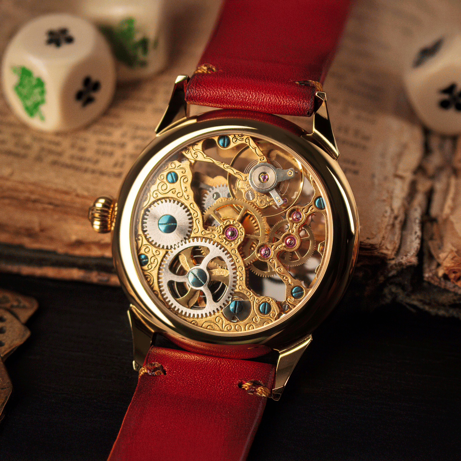 Rear view of Flush Royale showing skeleton caseback and manual winding movement