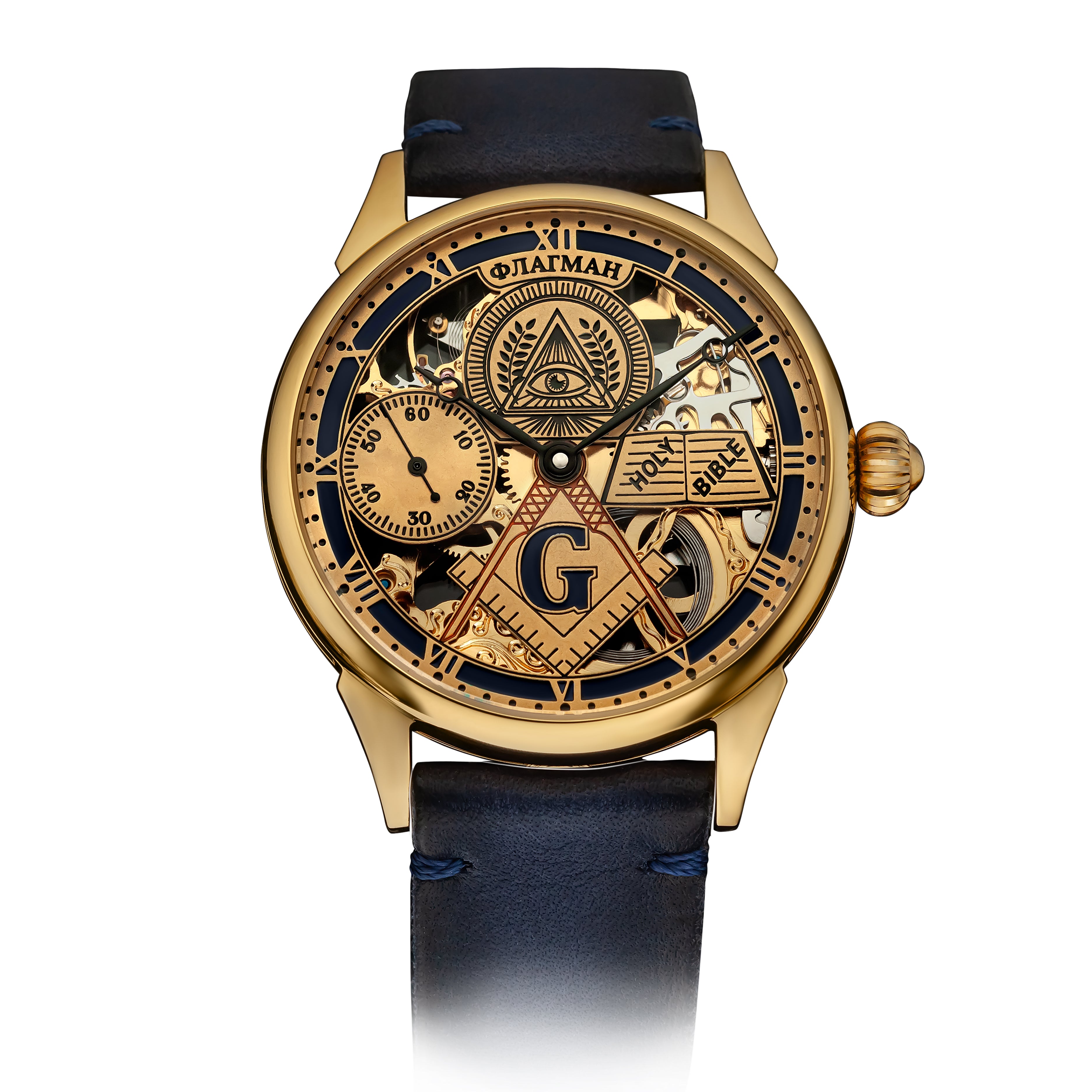 Blue Leather Strap on Skeleton Watch #color_blue