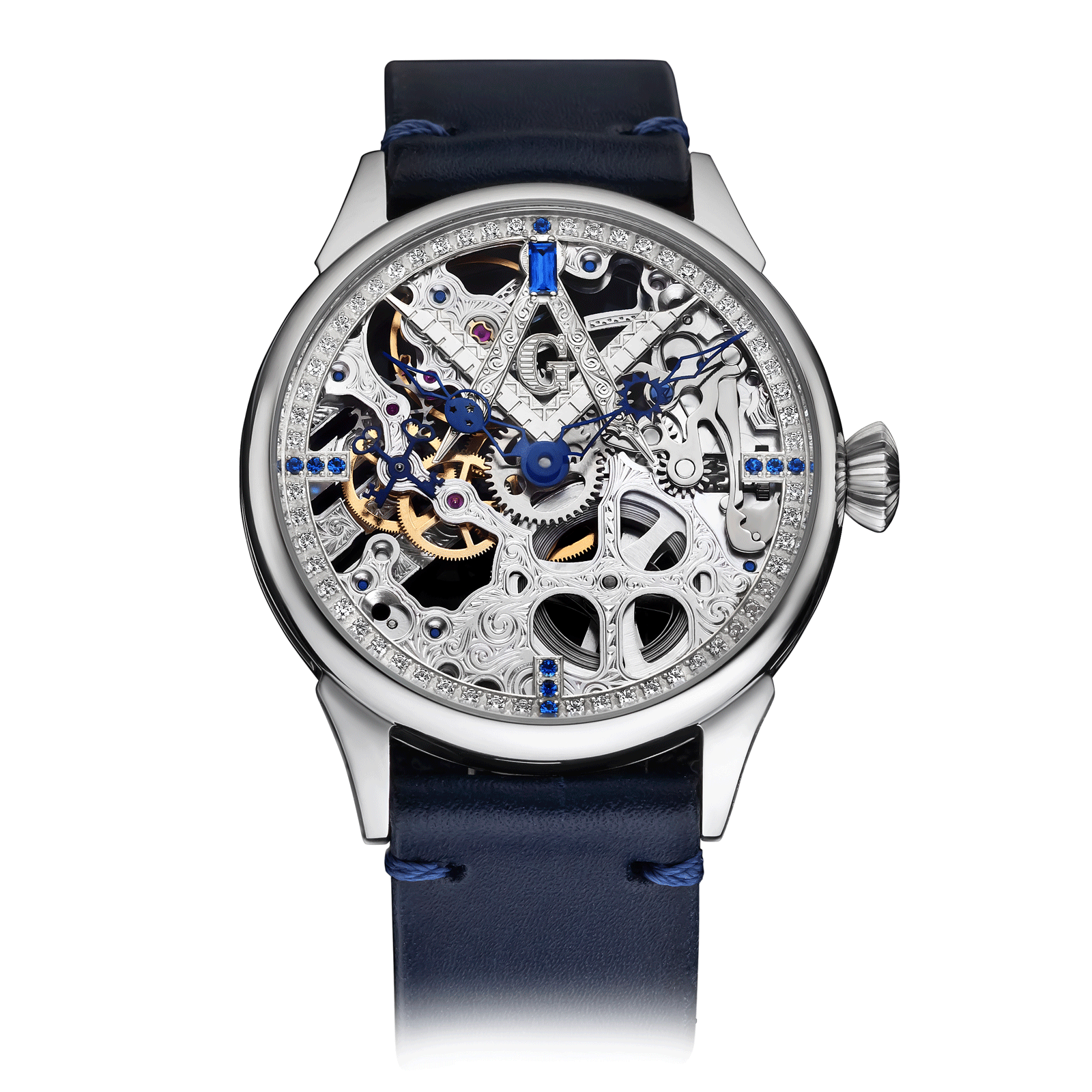 Blue Leather Strap on Masonic Skeleton Watch #color_blue