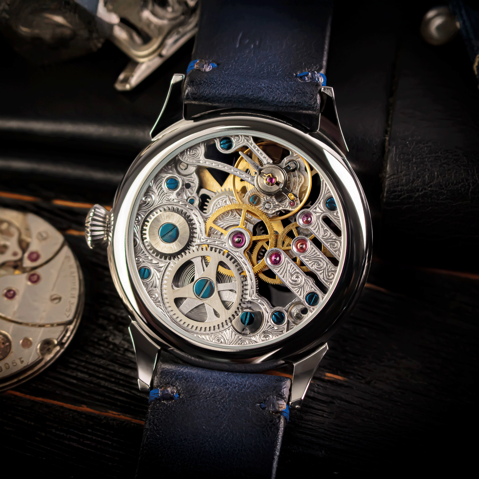 Rear view of masonic showing skeleton caseback and manual winding movement