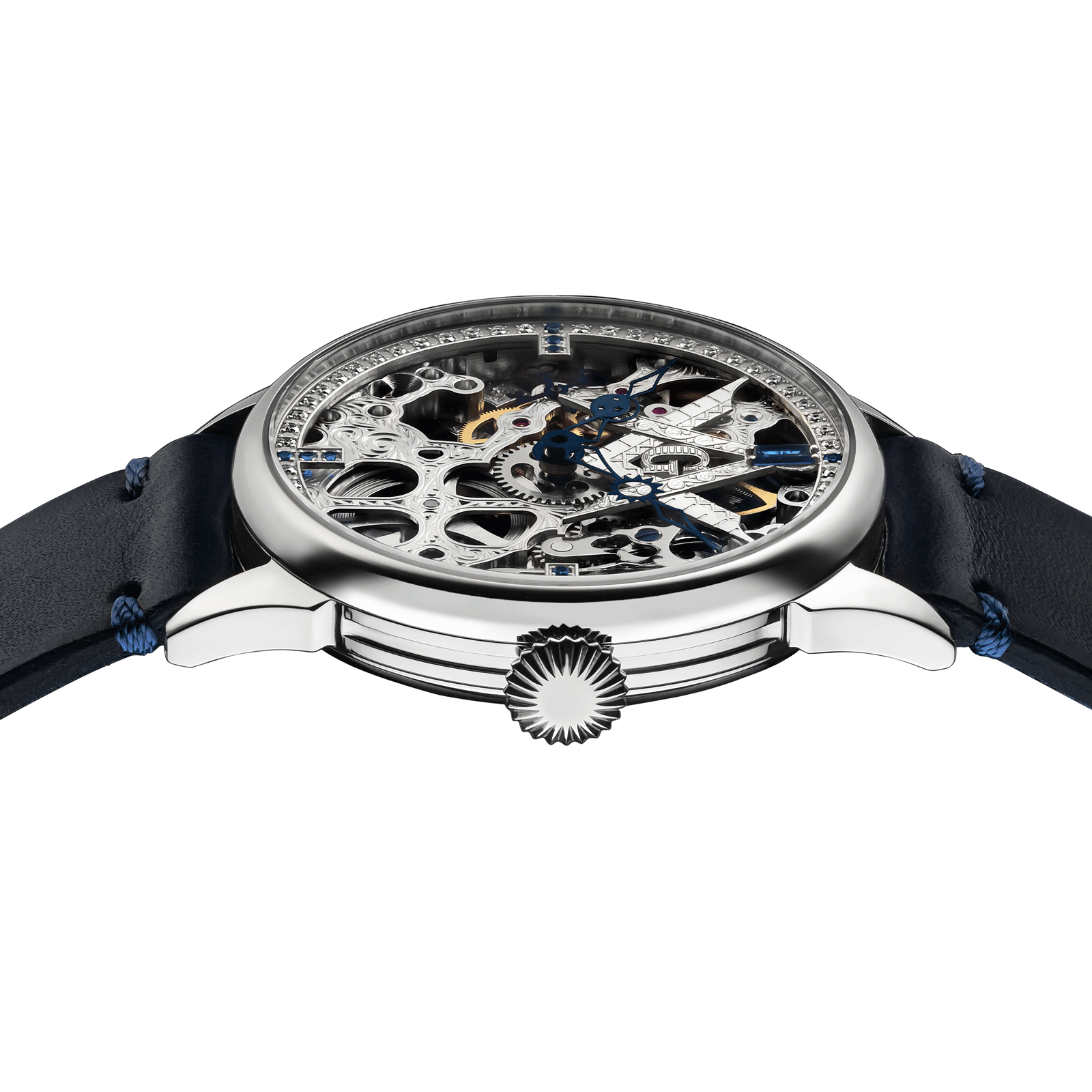 Close-up of Masonic watch with side crown and detailed case finish