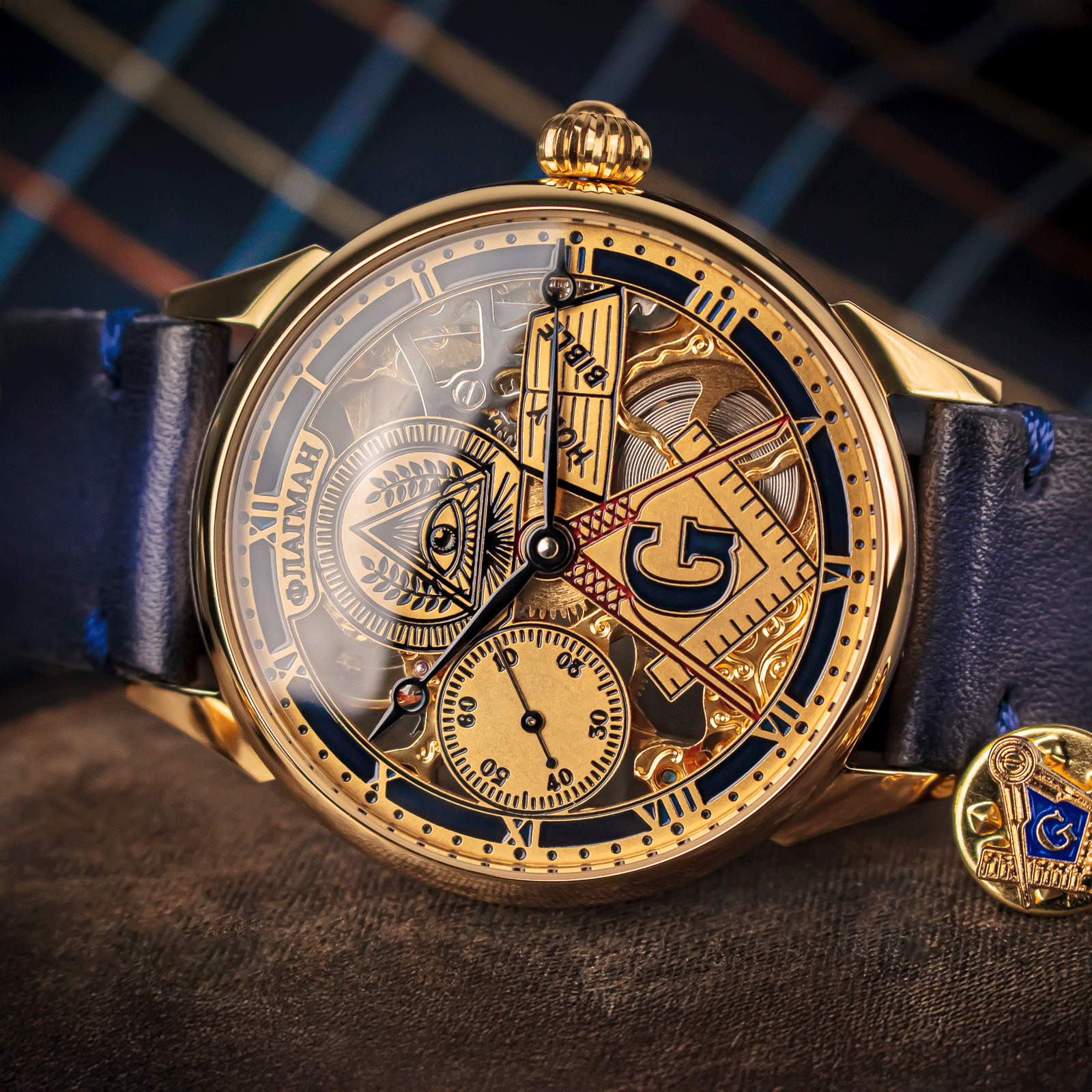 Lifestyle photo of masonic watch in handmade watch – skeleton watch