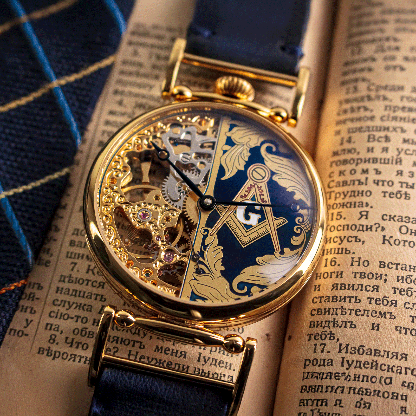 Lifestyle photo of masonic watch in handmade watch – skeleton watch